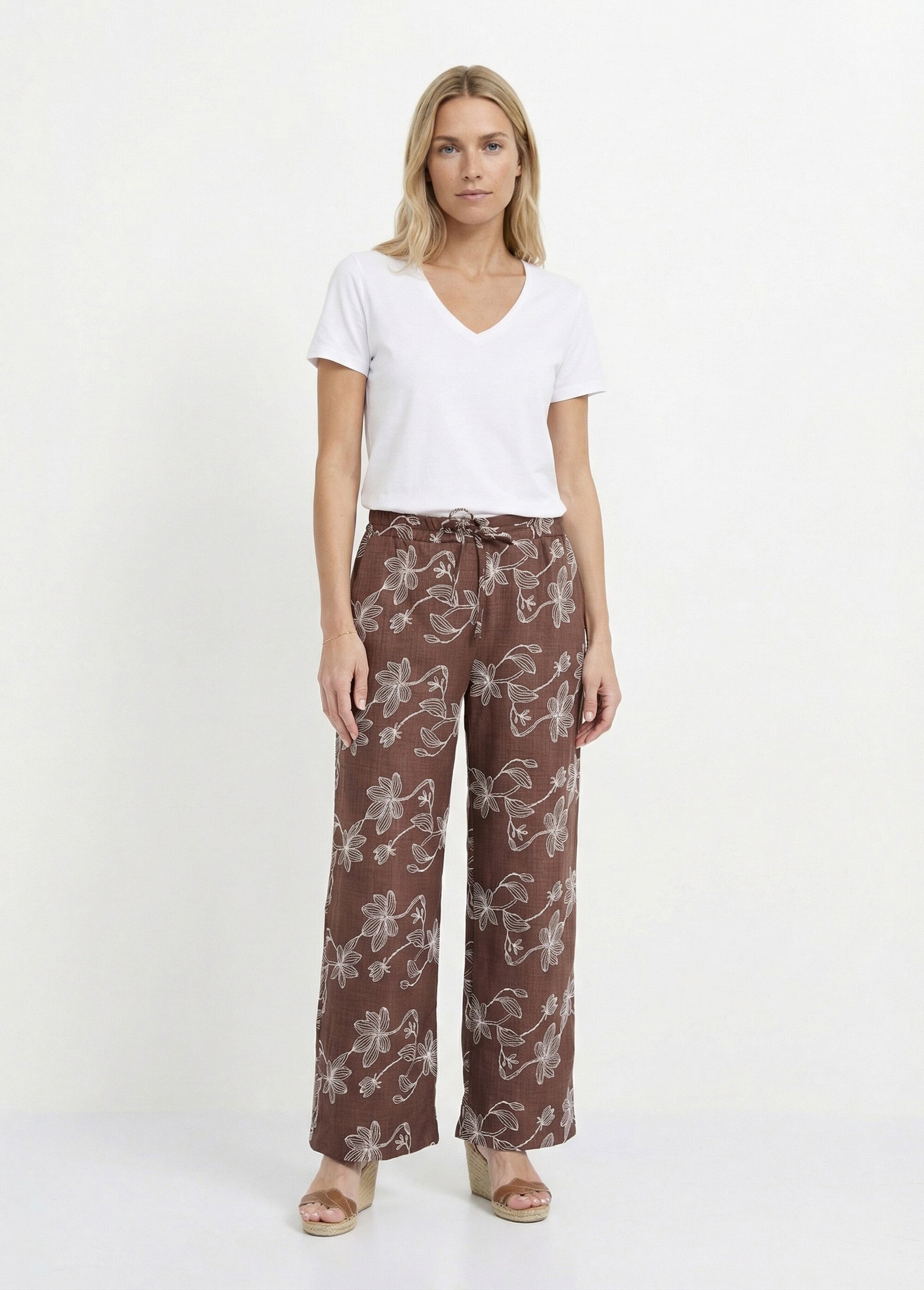 Pantalon large avec sérigraphies fleurs Femme Marron MOD-PAL SF1