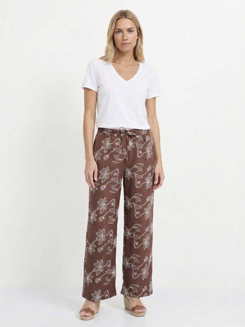 Pantalon large avec sérigraphies fleurs Femme Marron MOD-PAL SF1