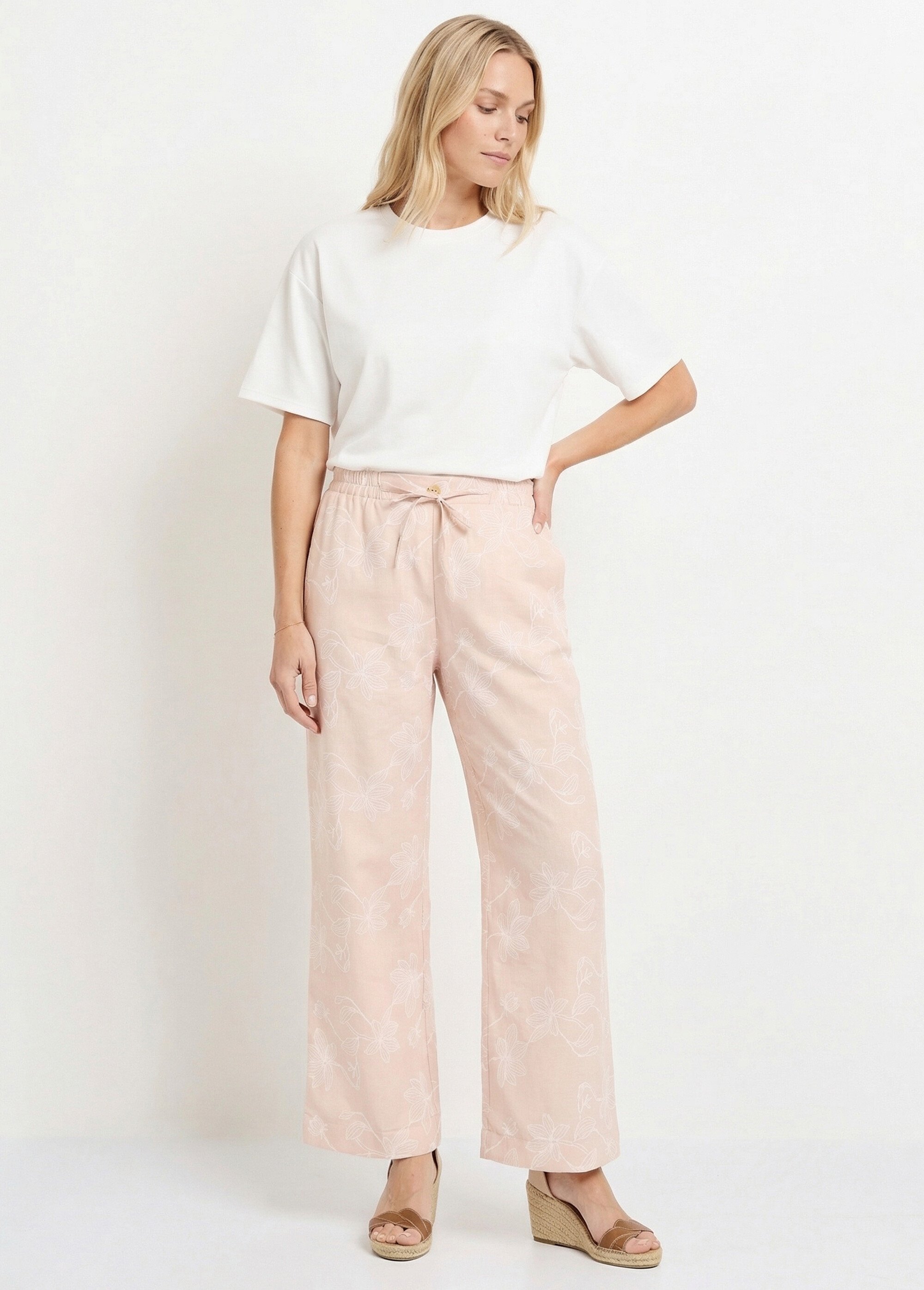 Pantalon large avec sérigraphies fleurs Femme Beige MOD-PAL MV1