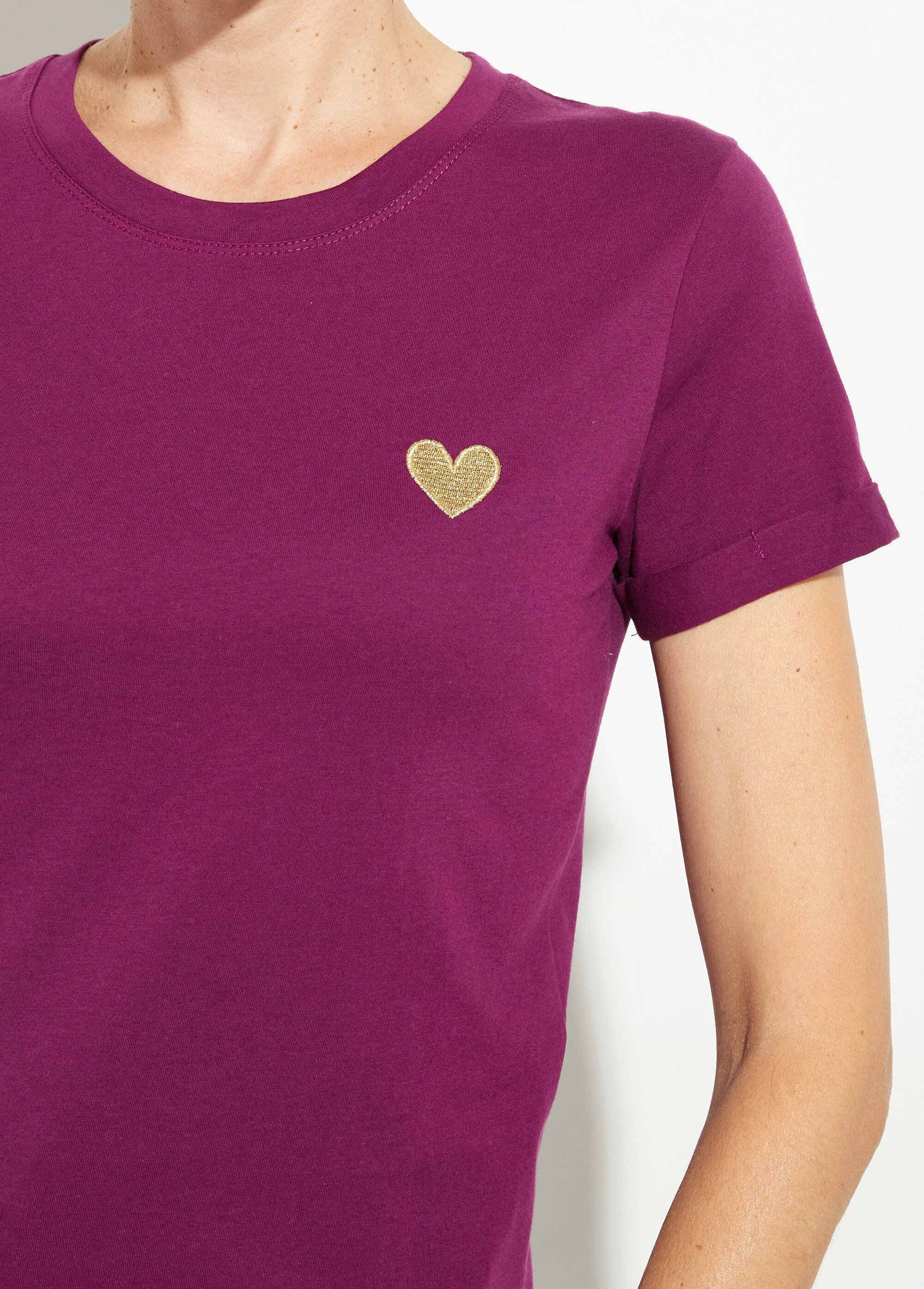 T-shirt col rond broderie coeur poitrine Femme Violet IA-TEEM502 DE1