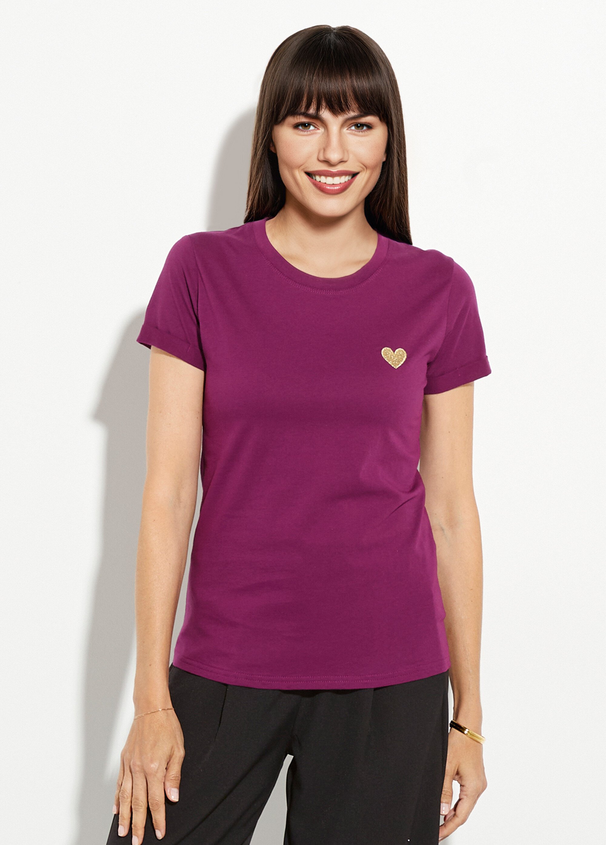 T-shirt col rond broderie coeur poitrine Femme Violet IA-TEEM502 FA1