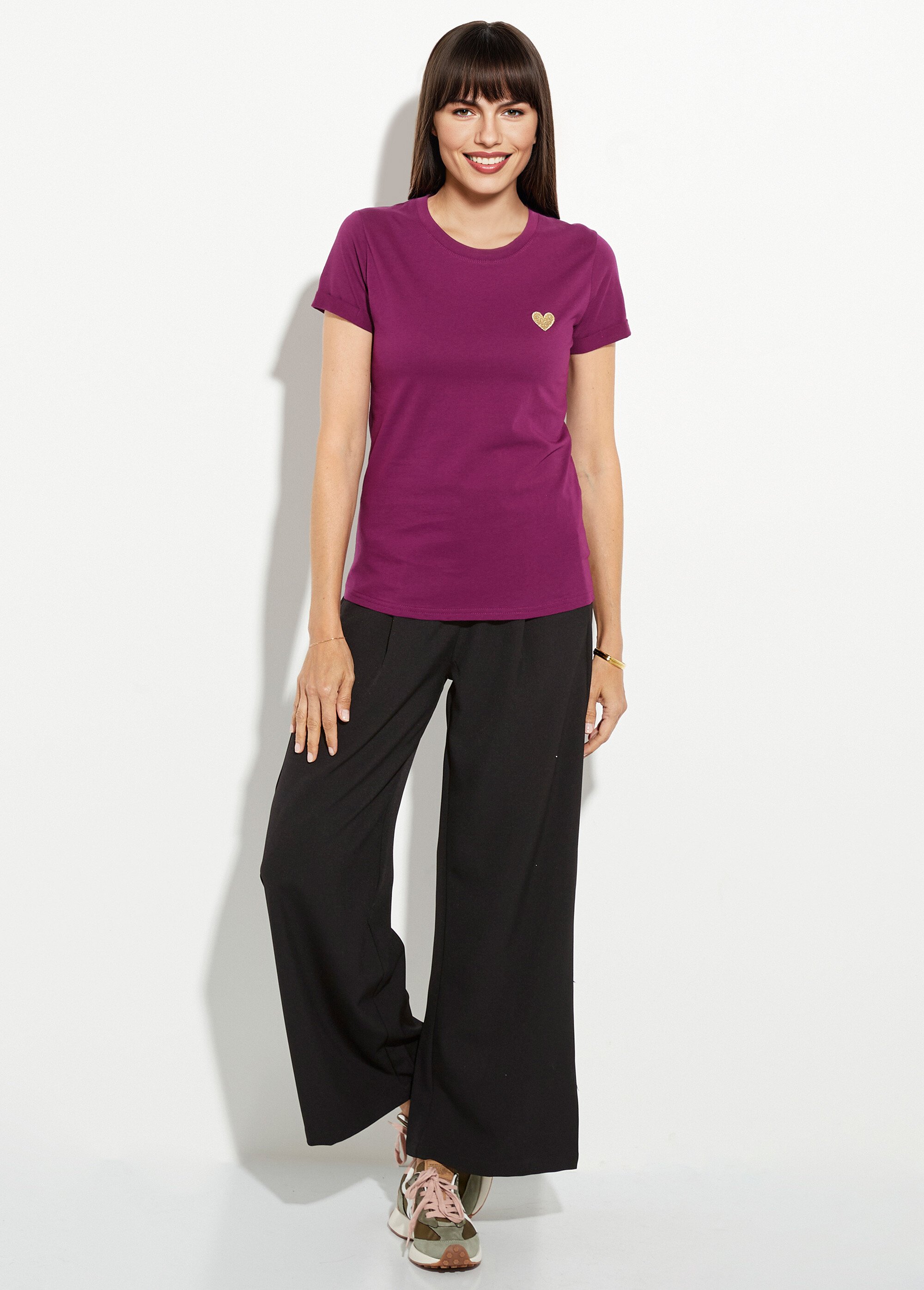 T-shirt col rond broderie coeur poitrine Femme Violet IA-TEEM502 SF1