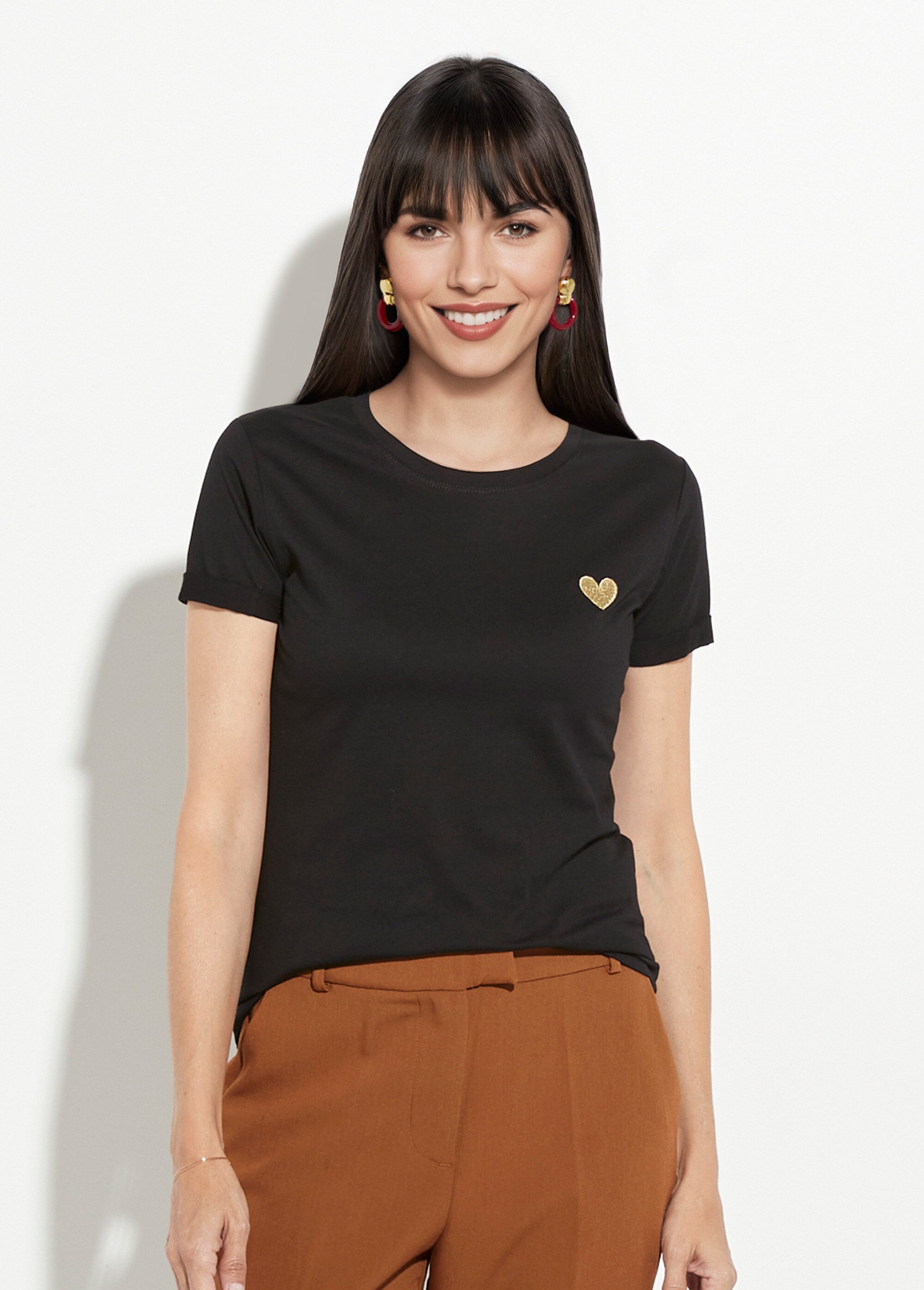 T-shirt col rond broderie coeur poitrine Femme Noir IA-TEEM502 FA1