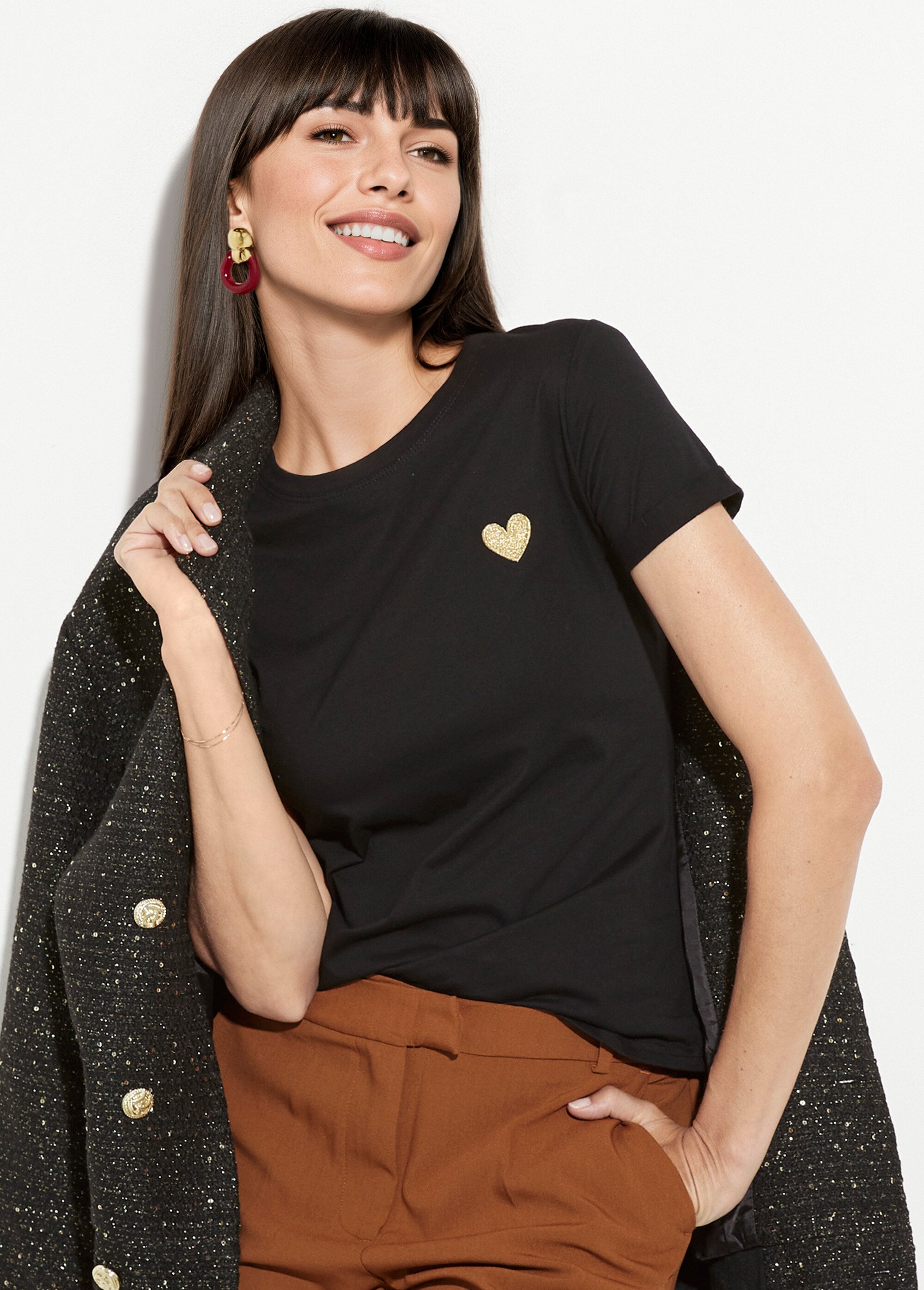 T-shirt col rond broderie coeur poitrine Femme Noir IA-TEEM502 MV1