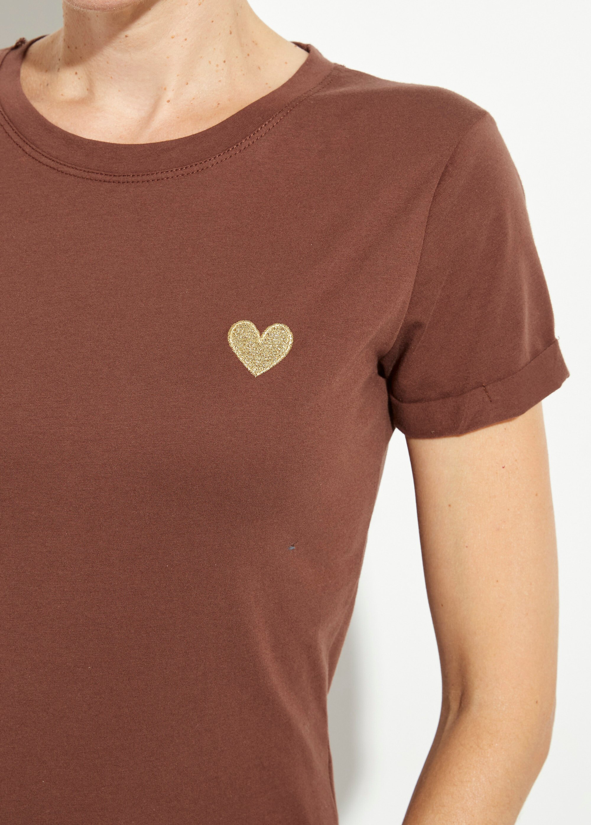 T-shirt col rond broderie coeur poitrine Femme Marron IA-TEEM502 DE1