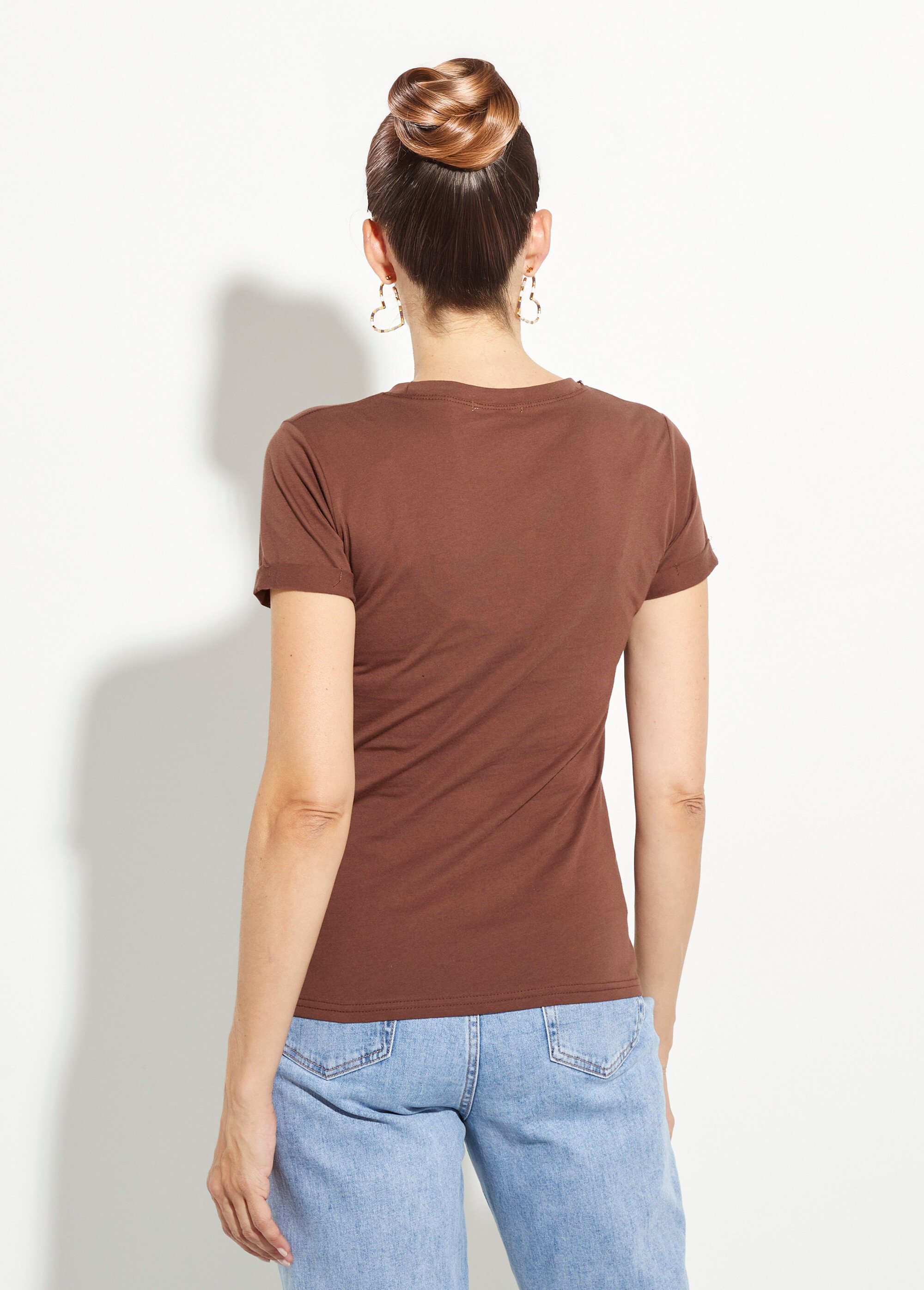 T-shirt col rond broderie coeur poitrine Femme Marron IA-TEEM502 DO1