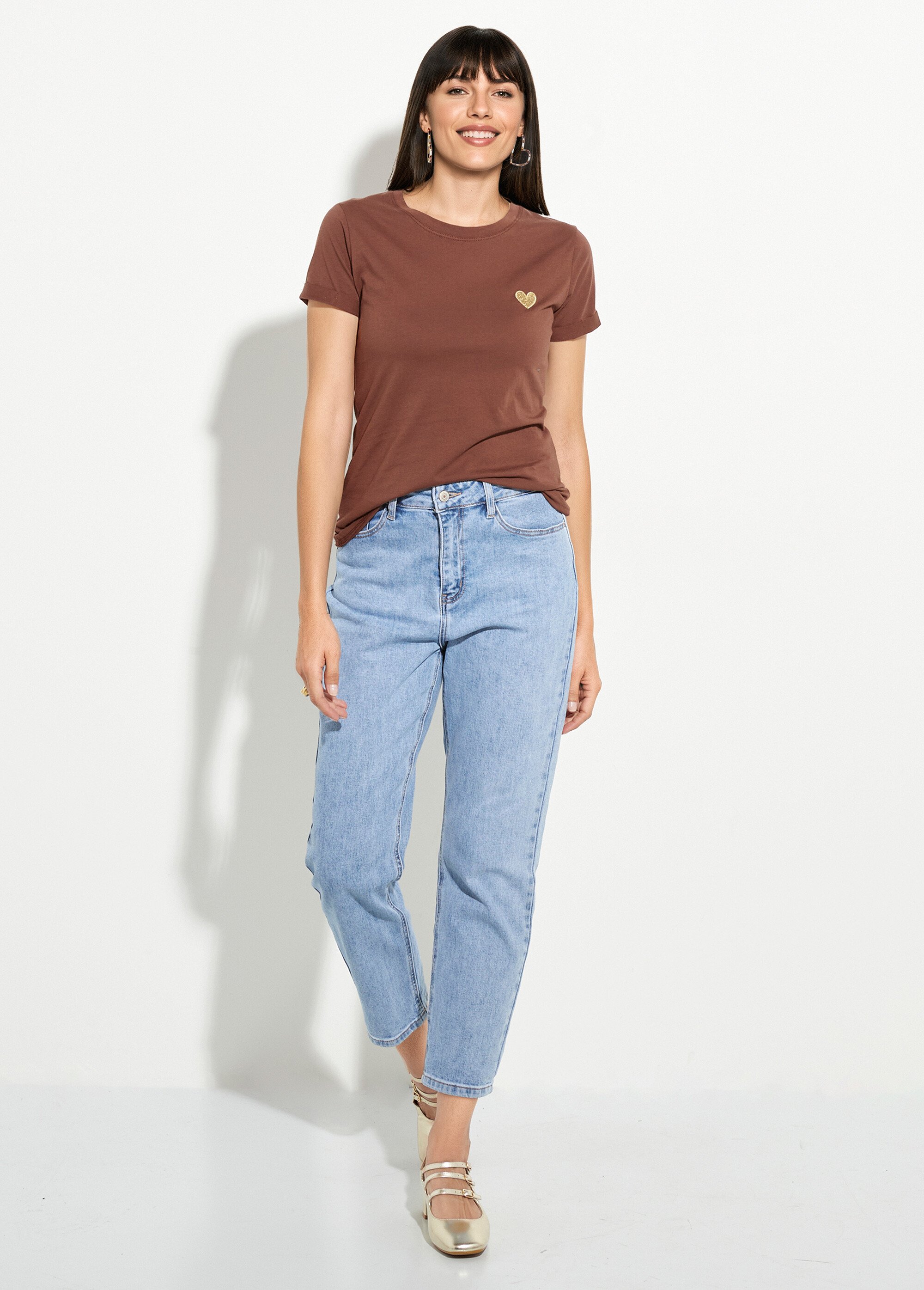 T-shirt col rond broderie coeur poitrine Femme Marron IA-TEEM502 SF1