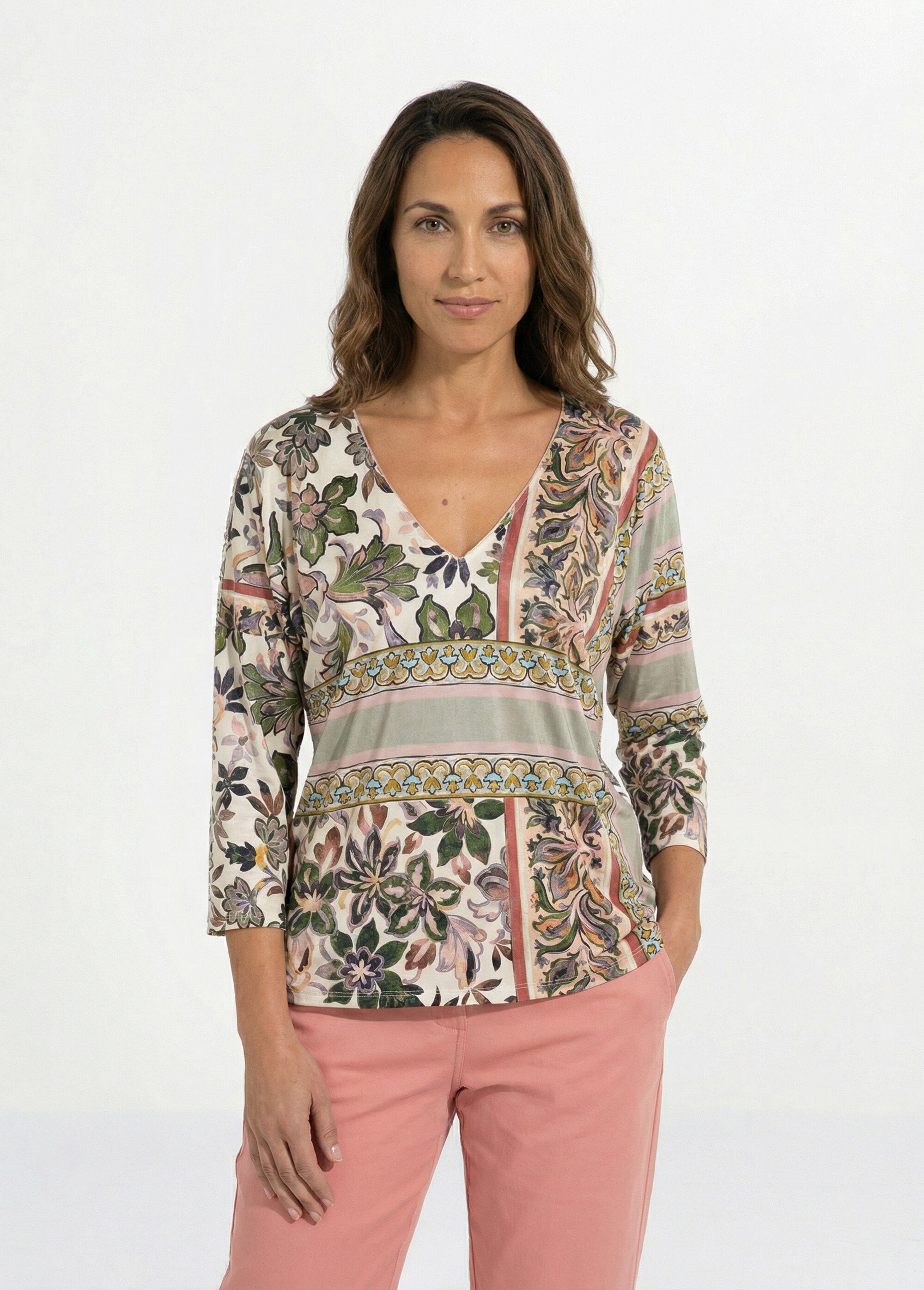 T-shirt imprimé col V manches 3/4 Femme ROSE ET KAKI CABRIOLET FA1