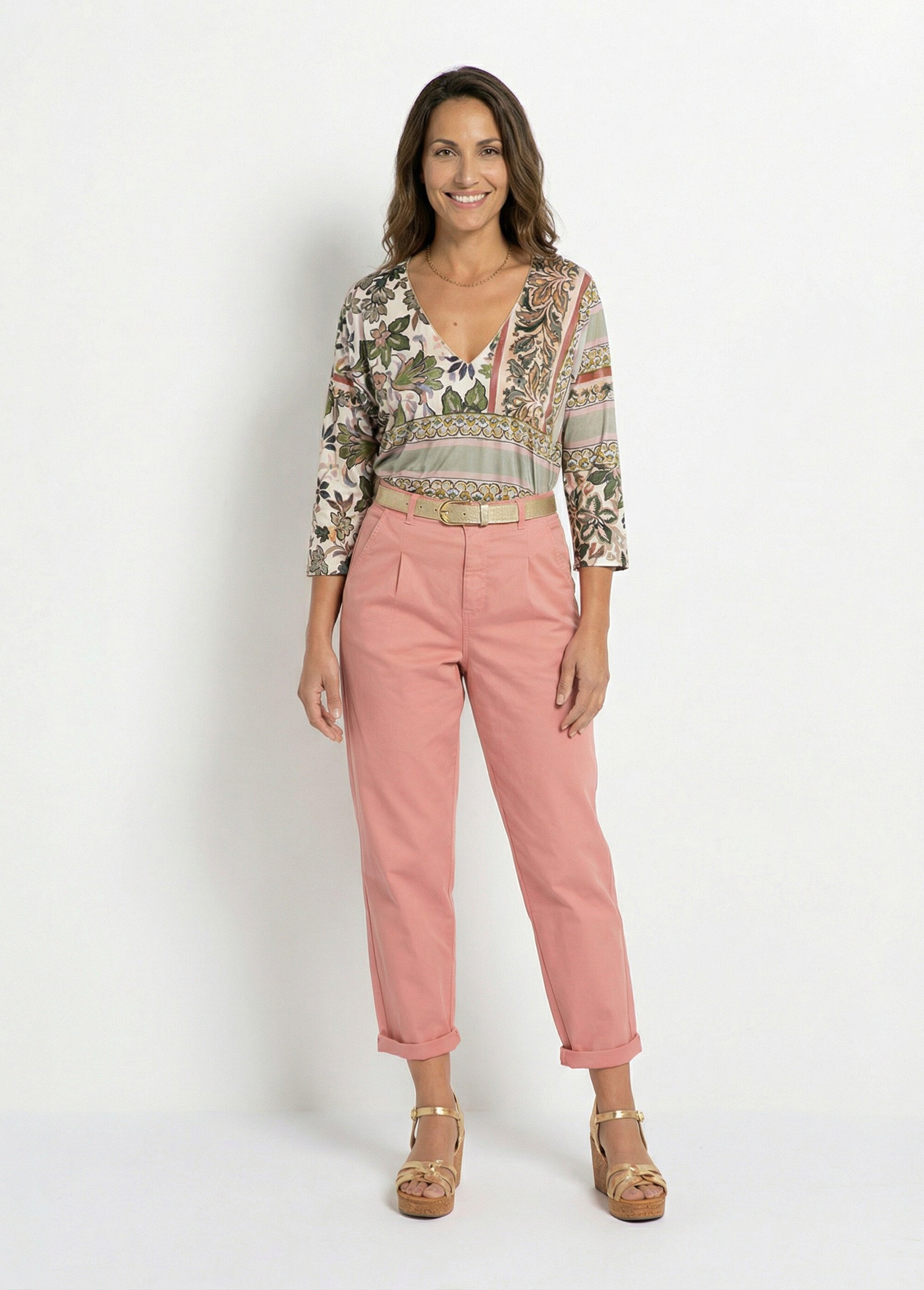 T-shirt imprimé col V manches 3/4 Femme ROSE ET KAKI CABRIOLET SF1