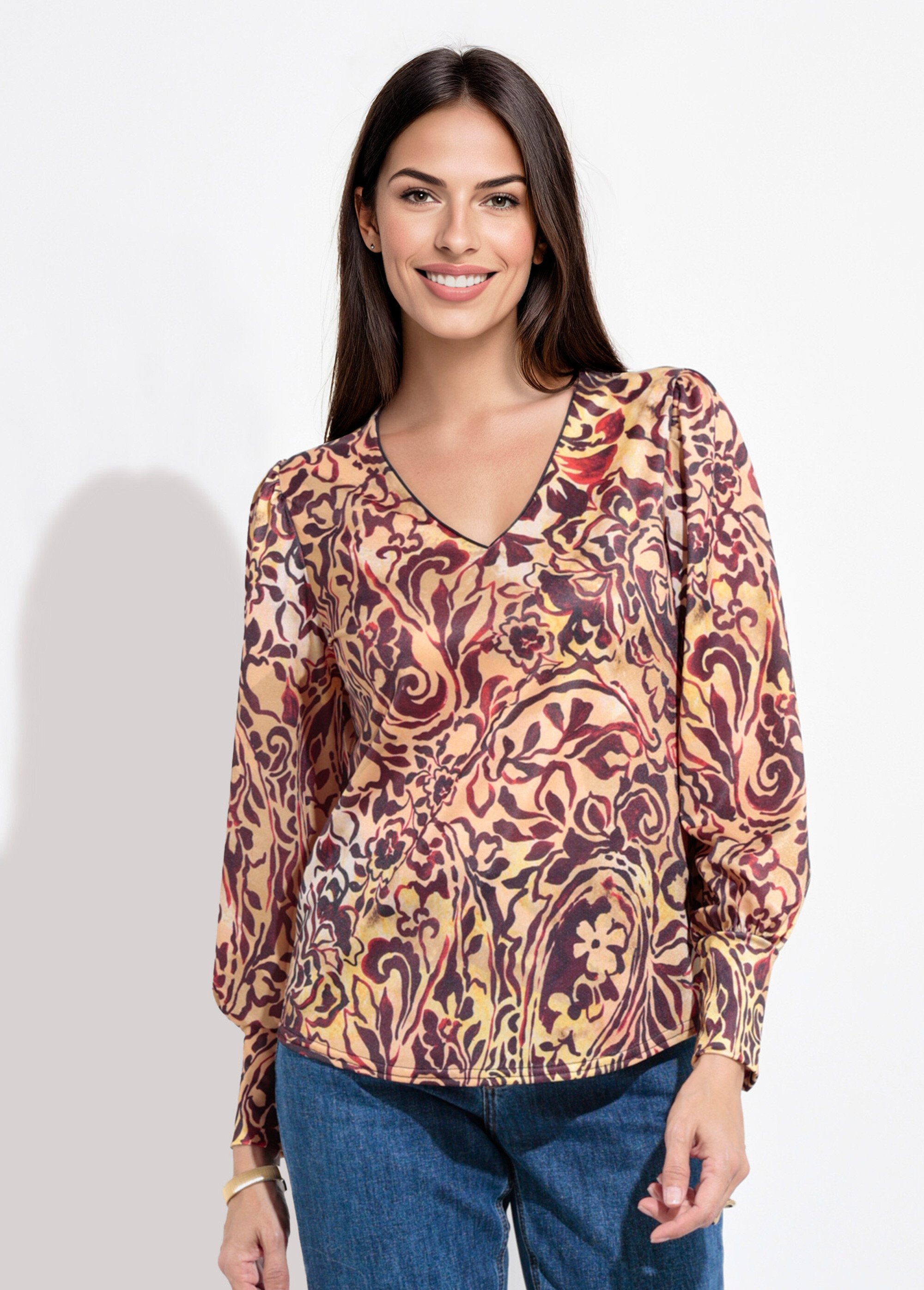 Tunique col V imprimé fleuri baroque Femme Beige SJ-TEETAPISS FA1