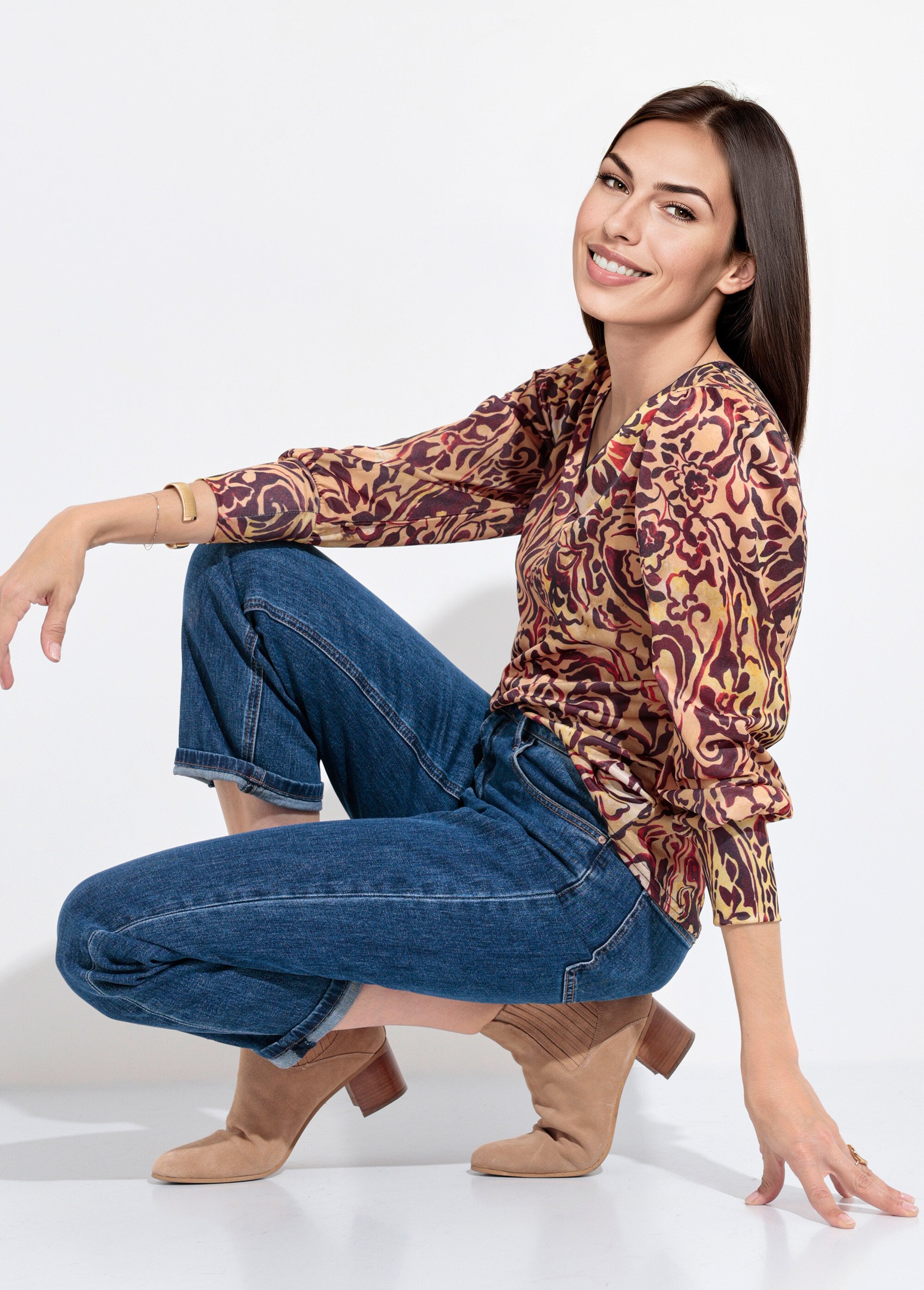 Tunique col V imprimé fleuri baroque Femme Beige SJ-TEETAPISS MV1