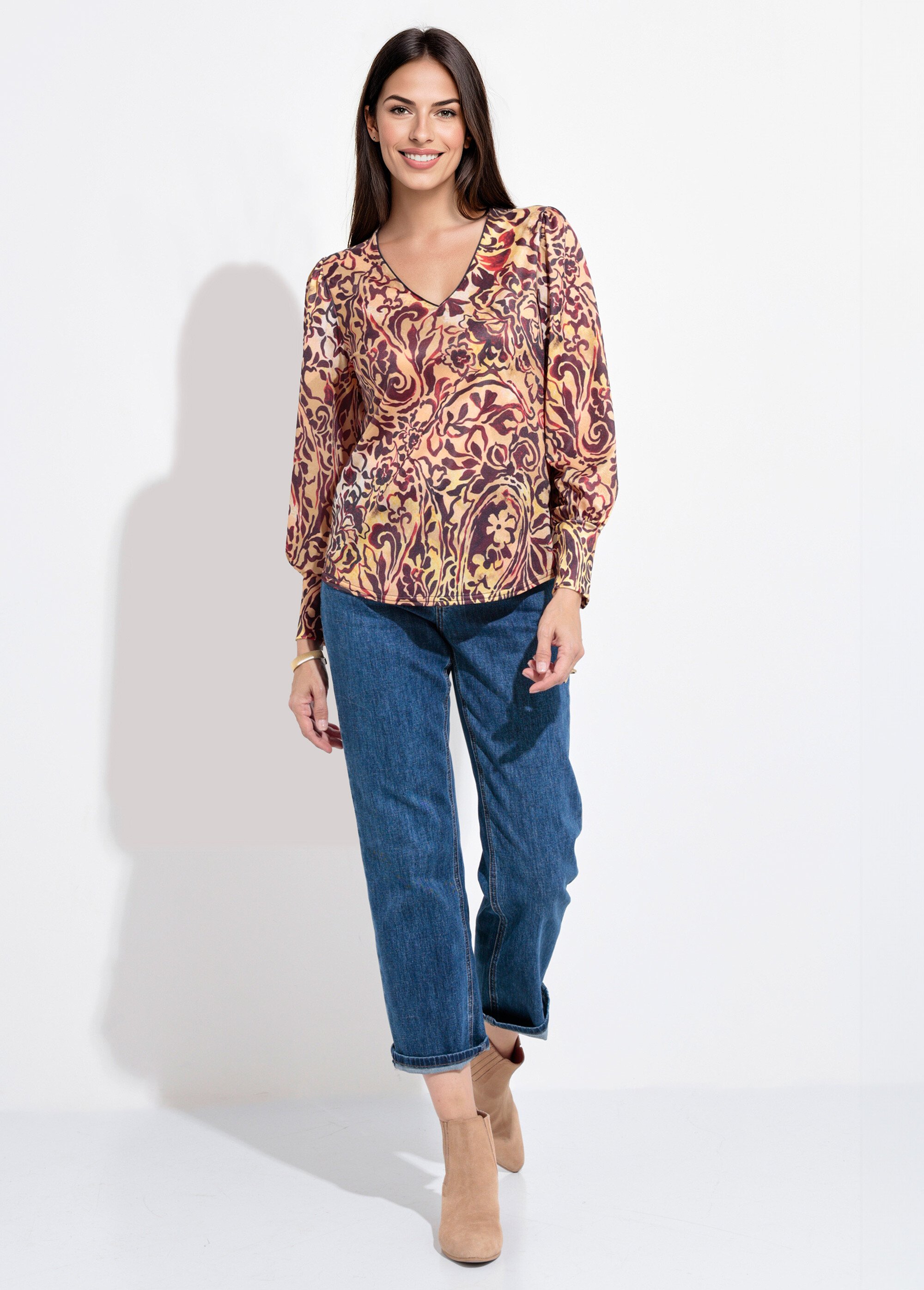 Tunique col V imprimé fleuri baroque Femme Beige SJ-TEETAPISS SF1