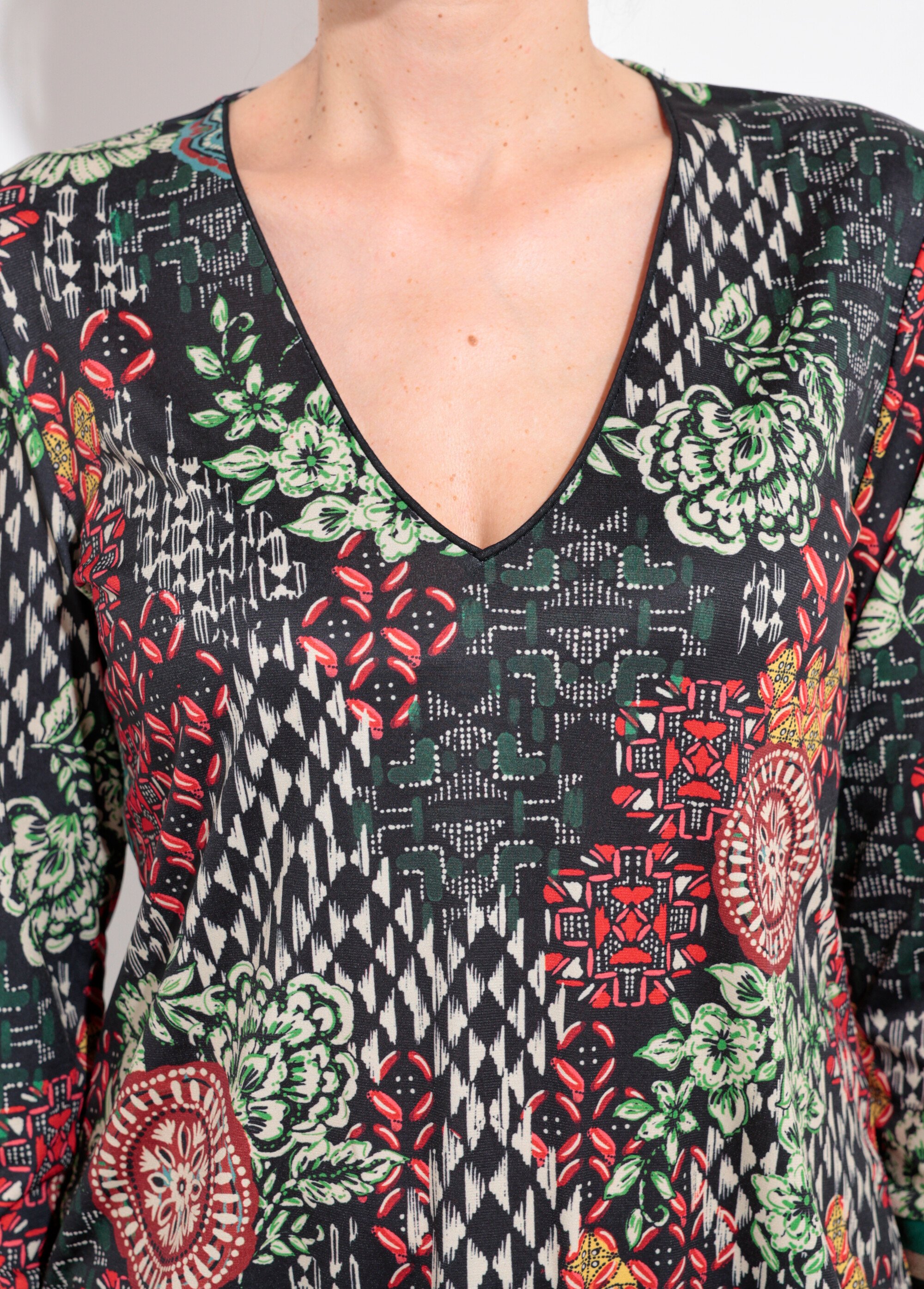 Tunique col V patchwork détails bord côtes Femme VERT ET ORANGE SJ-TEEPATCH DE1