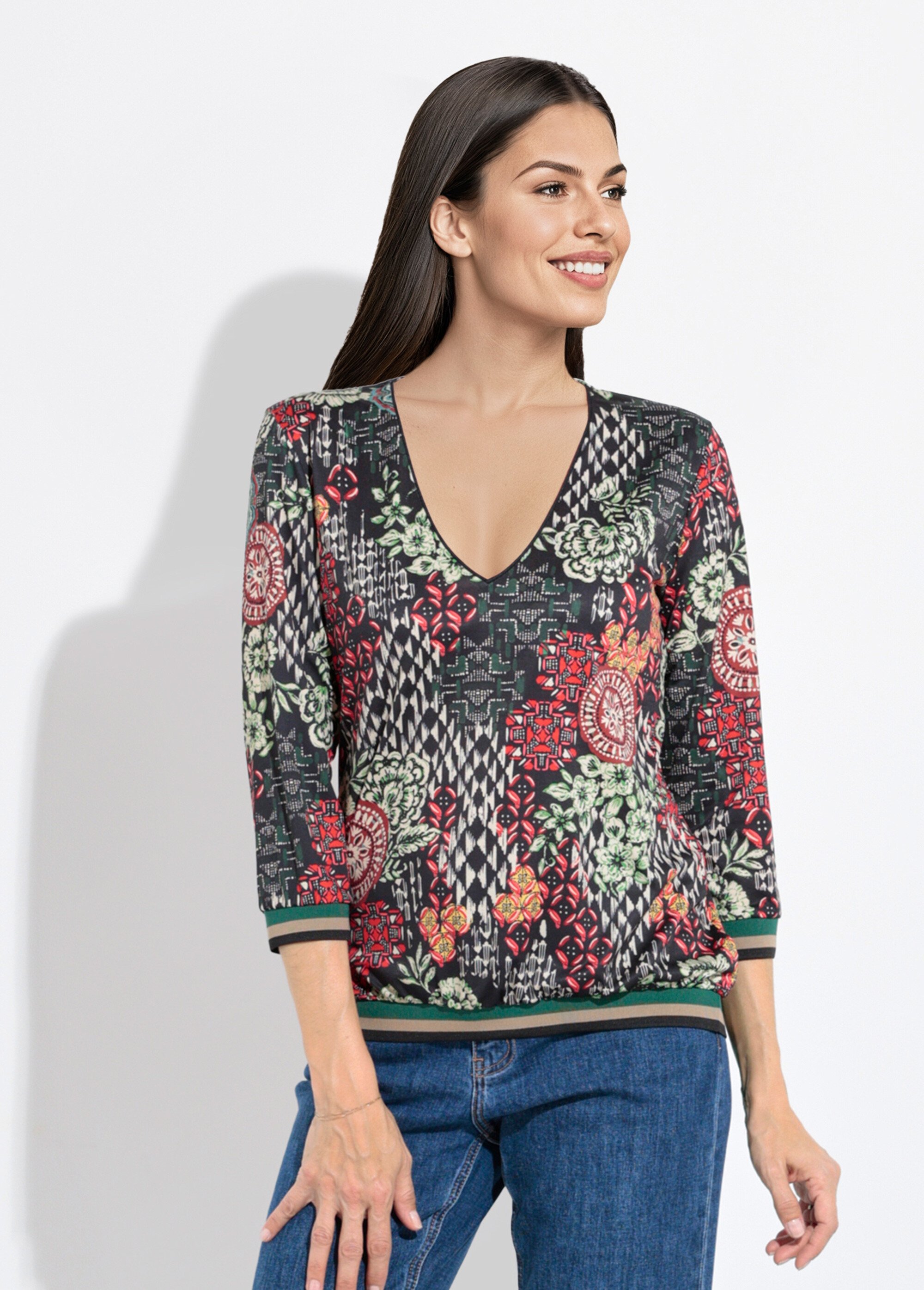 Tunique col V patchwork détails bord côtes Femme VERT ET ORANGE SJ-TEEPATCH FA1