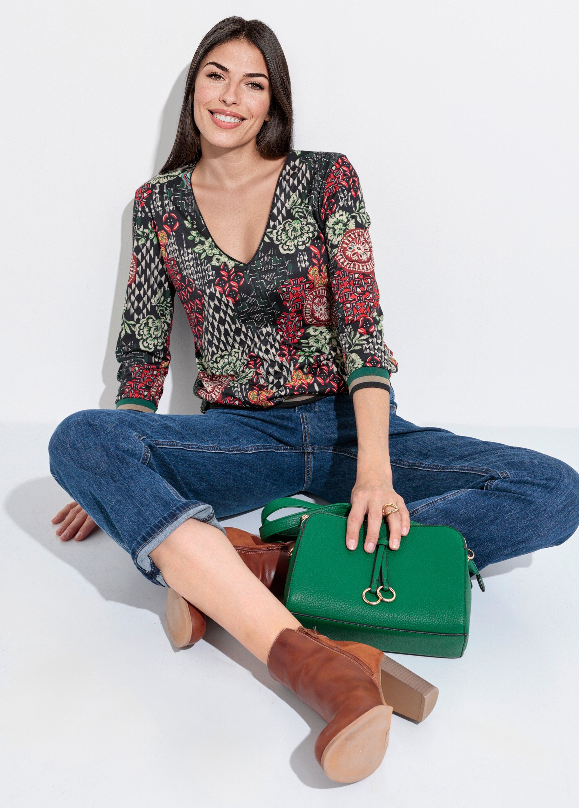 Tunique col V patchwork détails bord côtes Femme VERT ET ORANGE SJ-TEEPATCH MV1