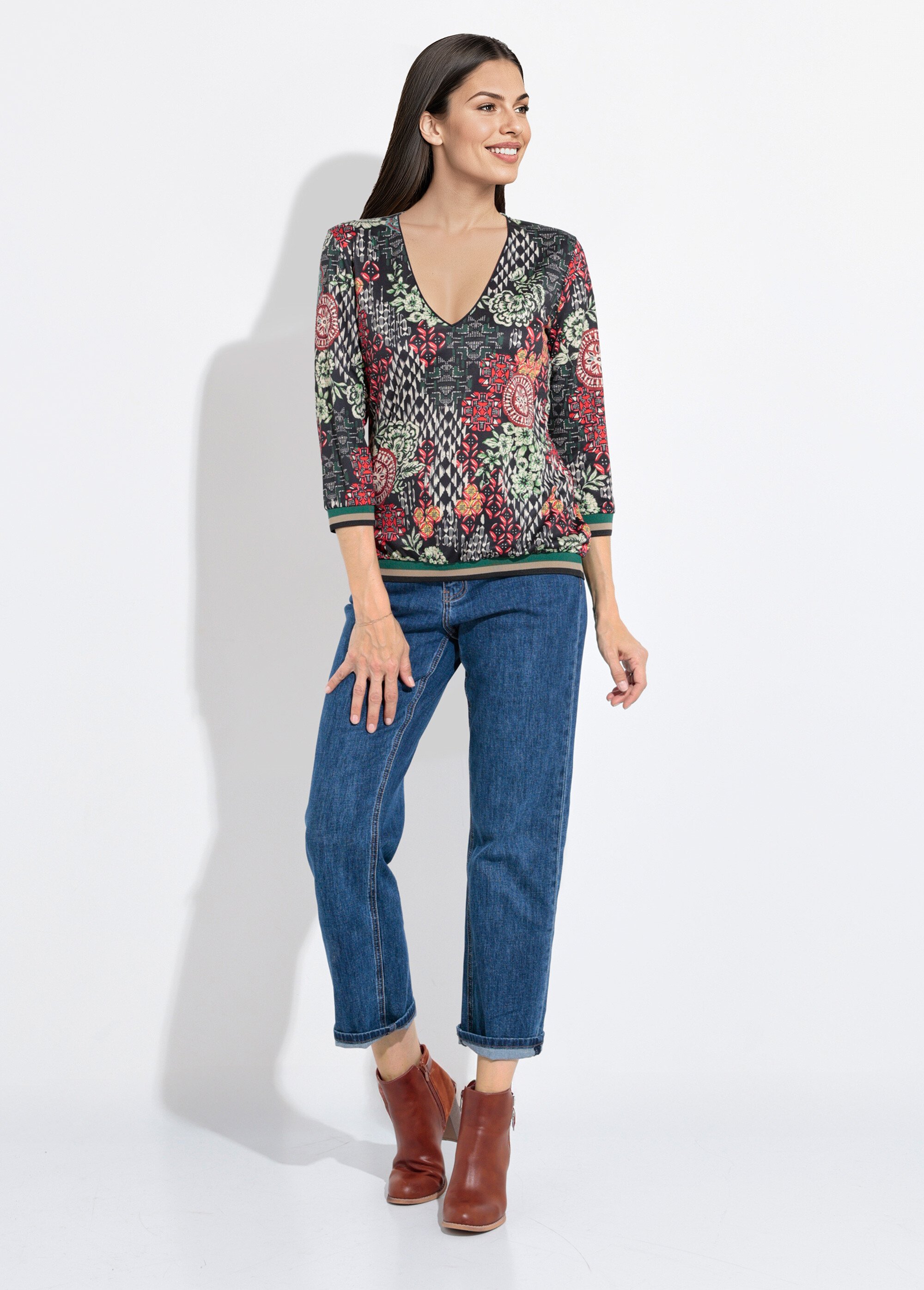 Tunique col V patchwork détails bord côtes Femme VERT ET ORANGE SJ-TEEPATCH SF1