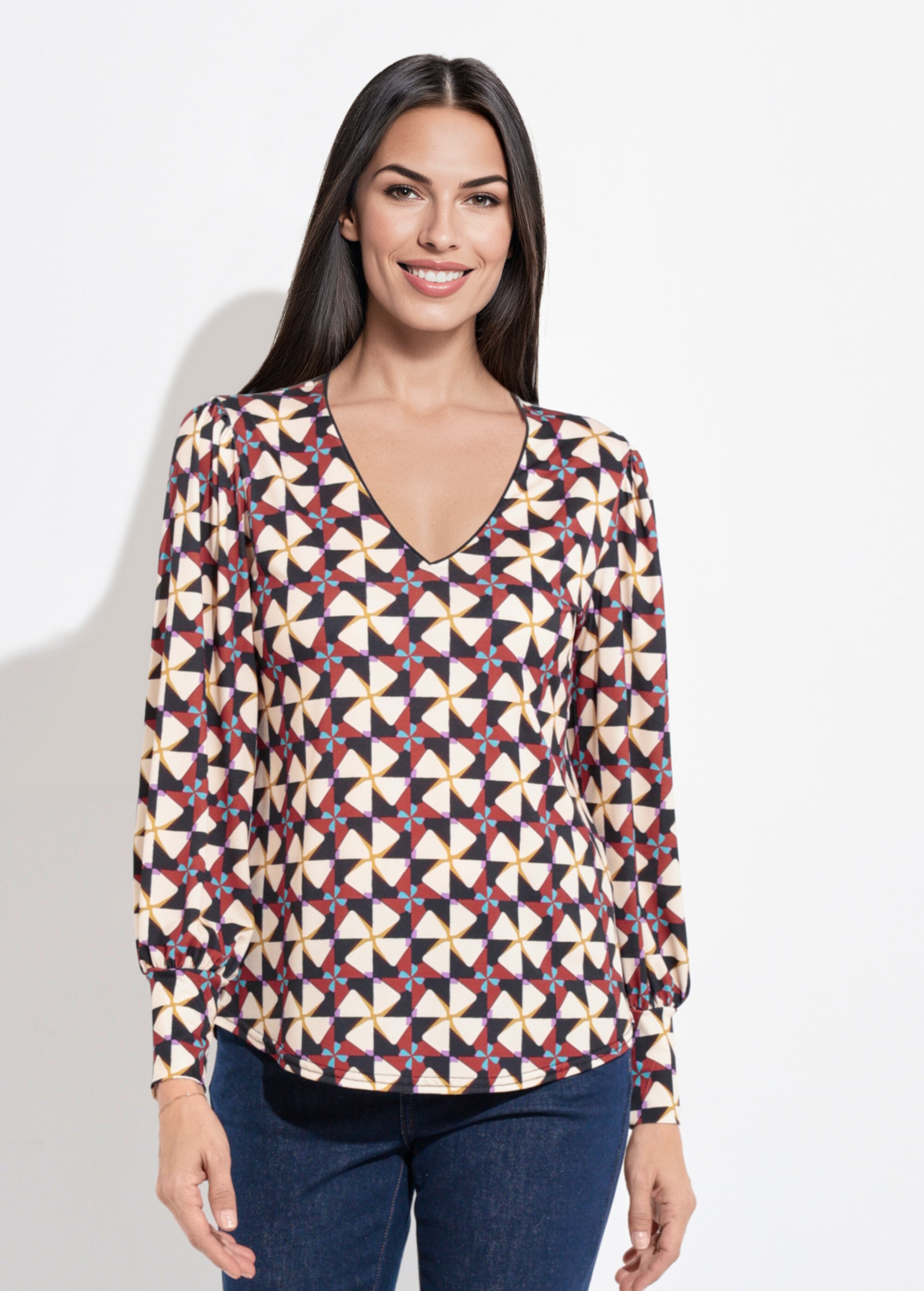 Tunique manches longues poignets resserrés Femme ECRU ET MARRON SJ-TEESEVEN FA1