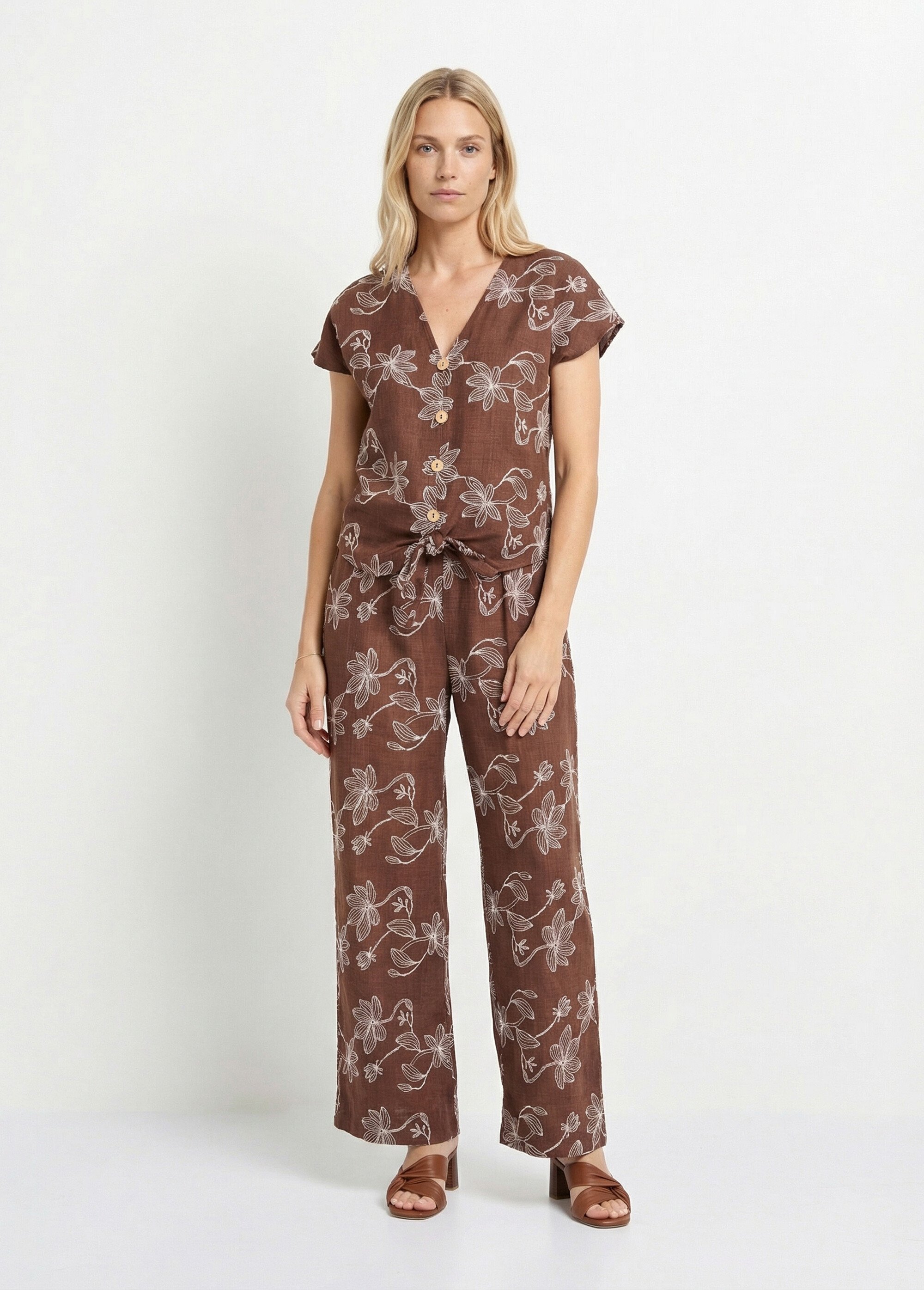 Tunique sérigraphies fleurs, à nouer Femme Marron MOD-TALM SF1