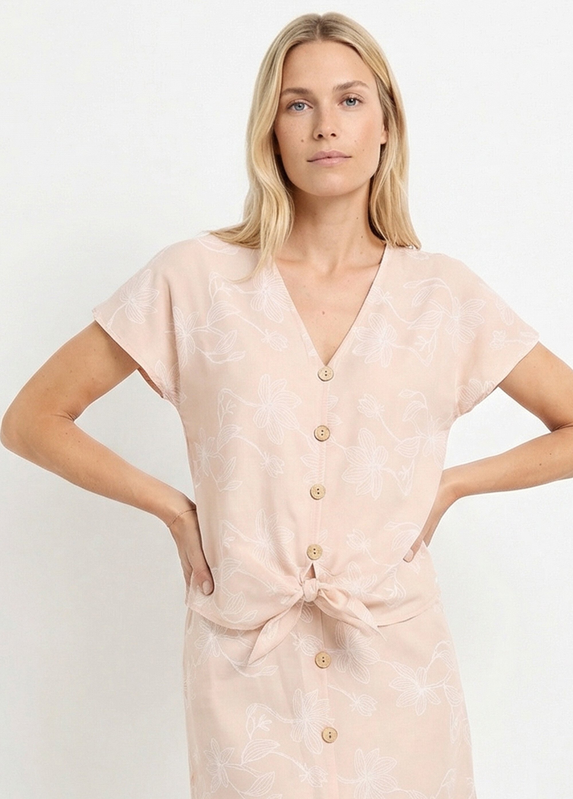 Tunique sérigraphies fleurs, à nouer Femme Beige MOD-TALM MV1