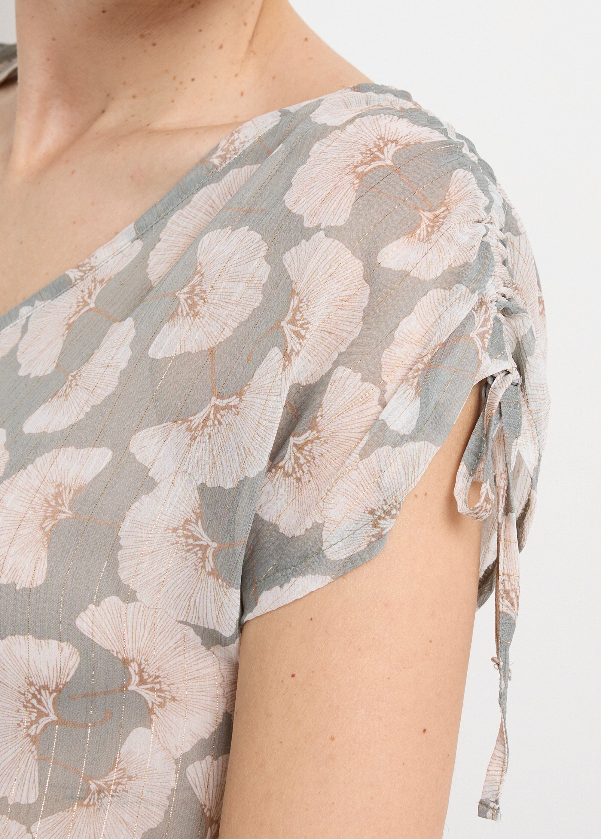 Tunique voile fil métallisé motif ginkgo Femme Beige MOD-TASHIMI DE1