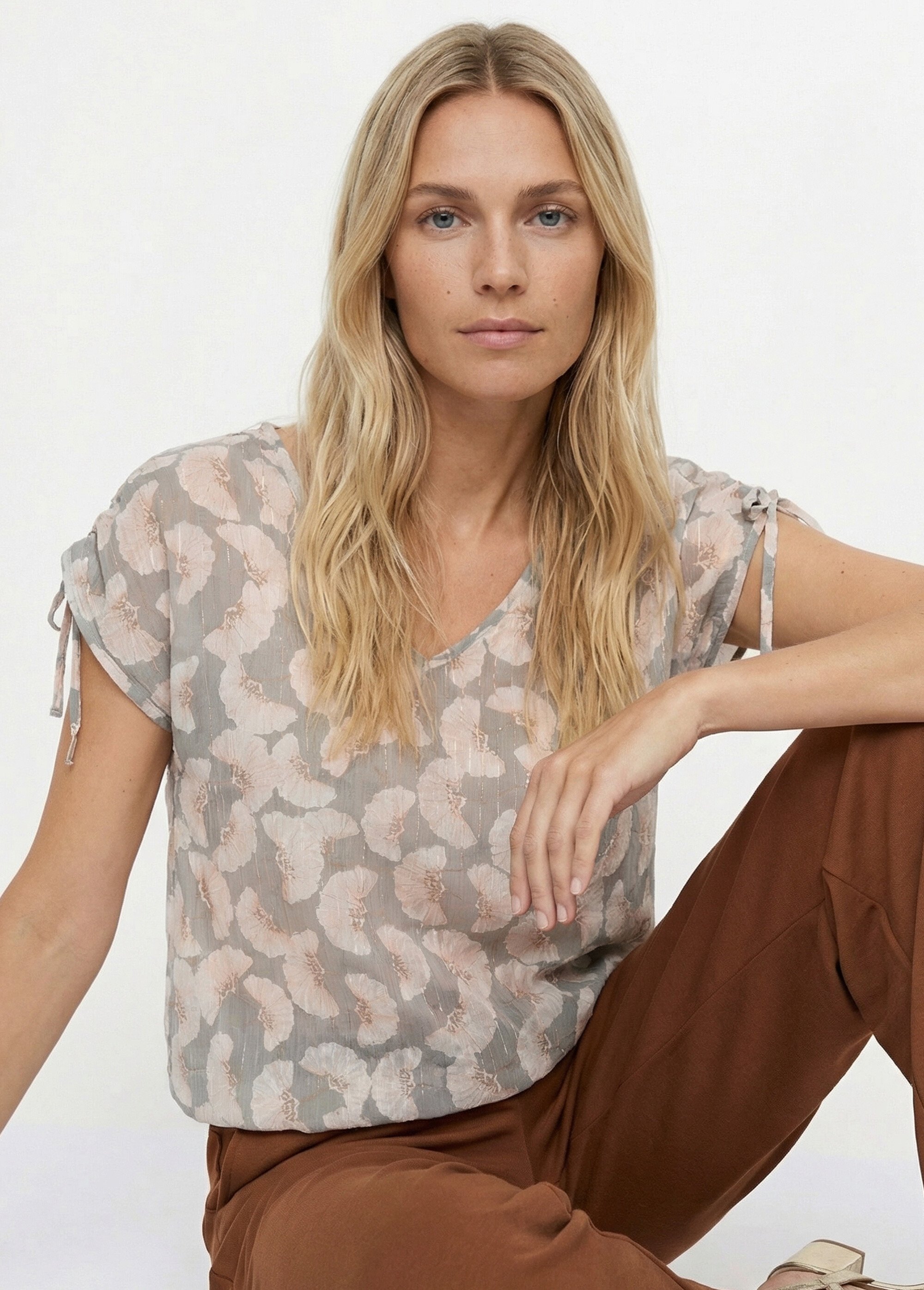 Tunique voile fil métallisé motif ginkgo