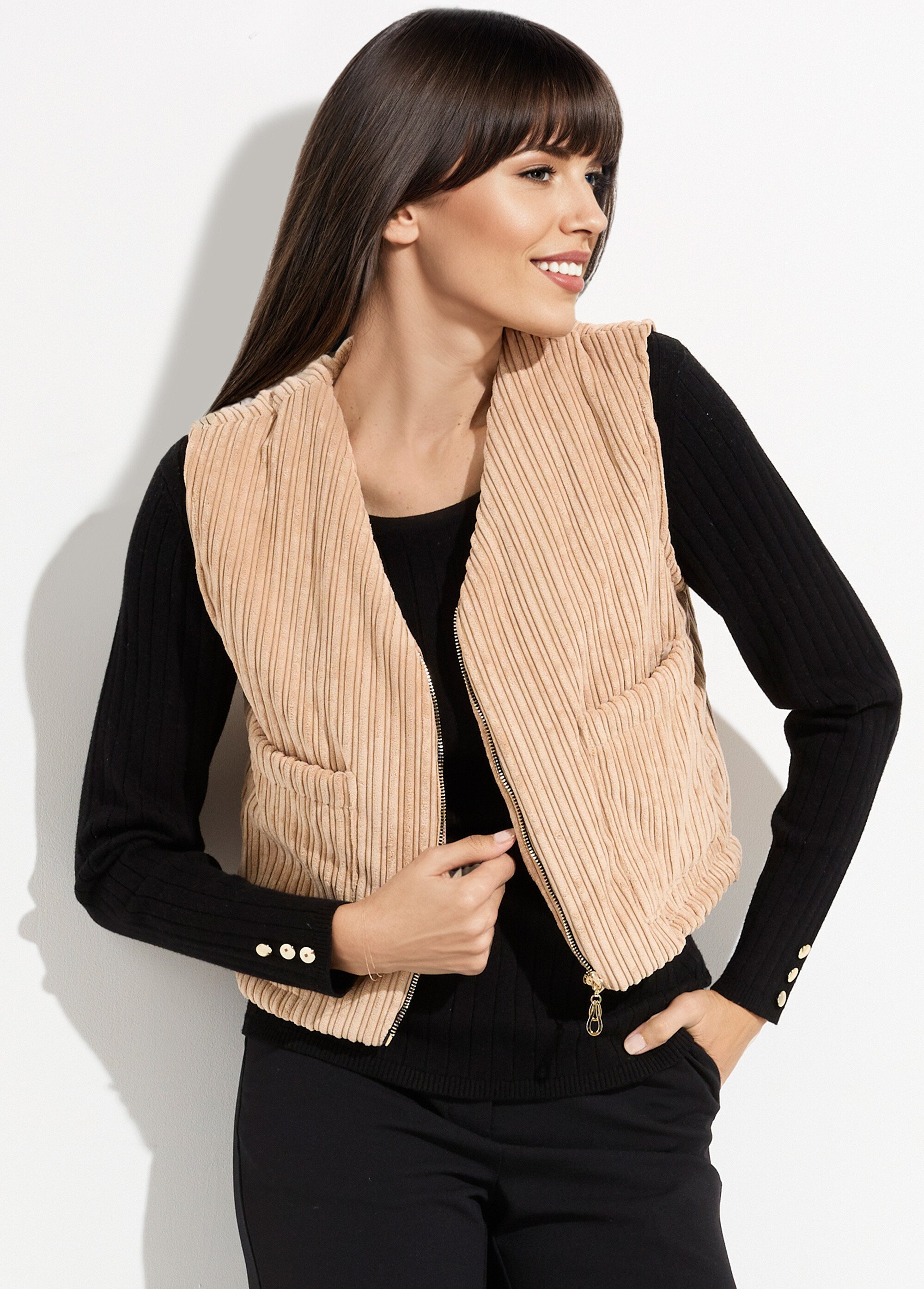 Veste zippée col V sans manches velours