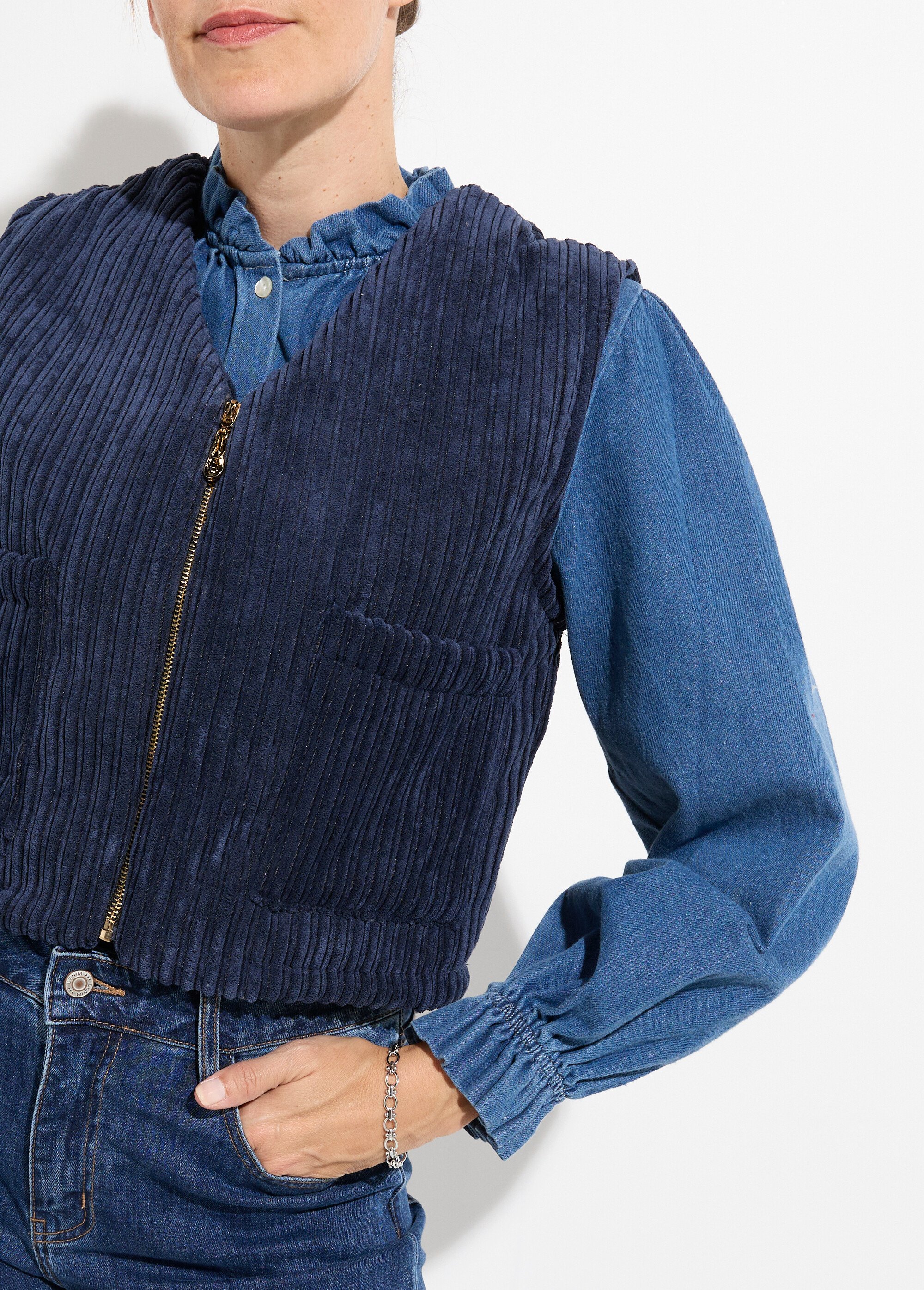 Veste zippée col V sans manches velours
