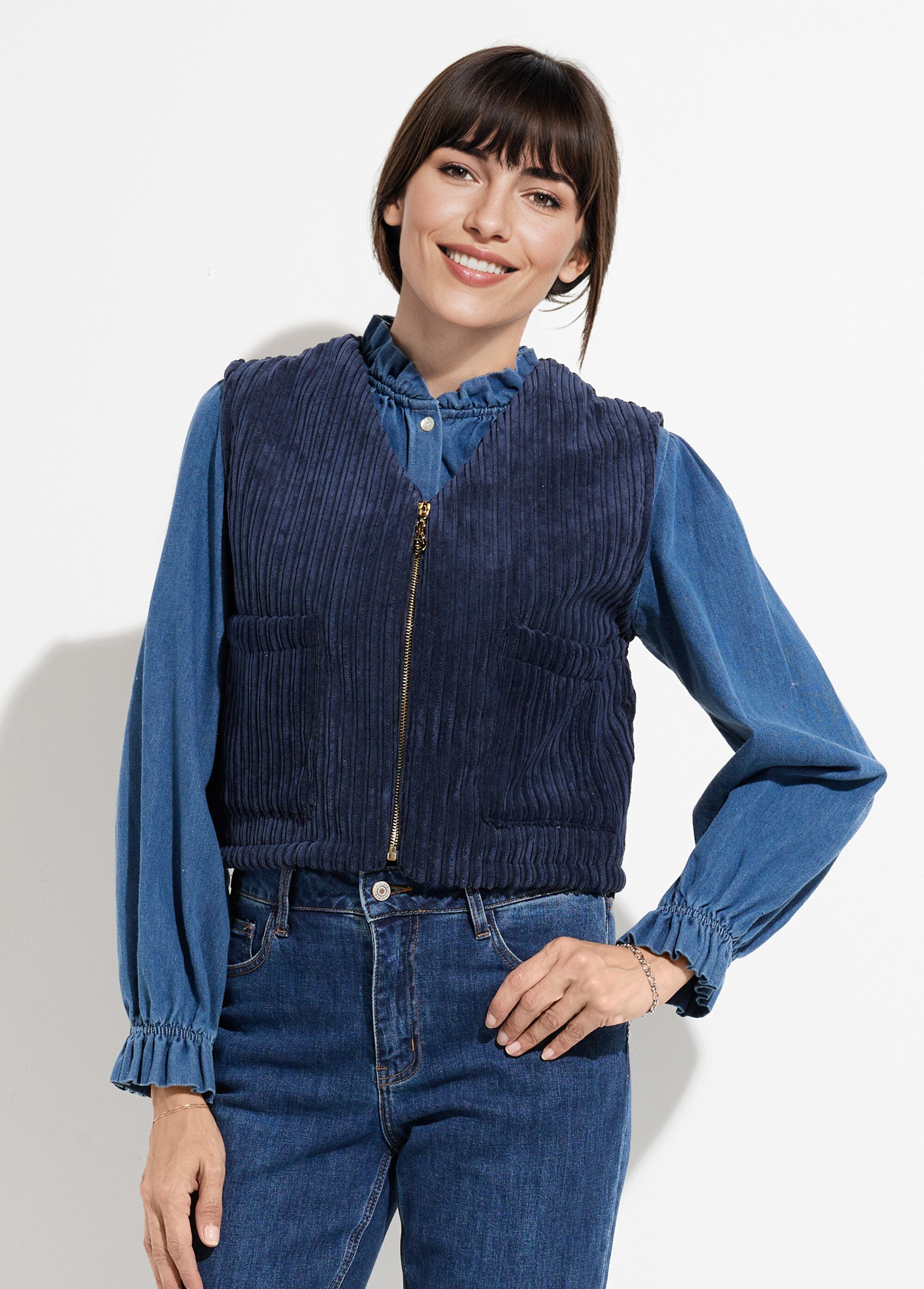Veste zippée col V sans manches velours Femme Bleu SJ-COTZIP FA1