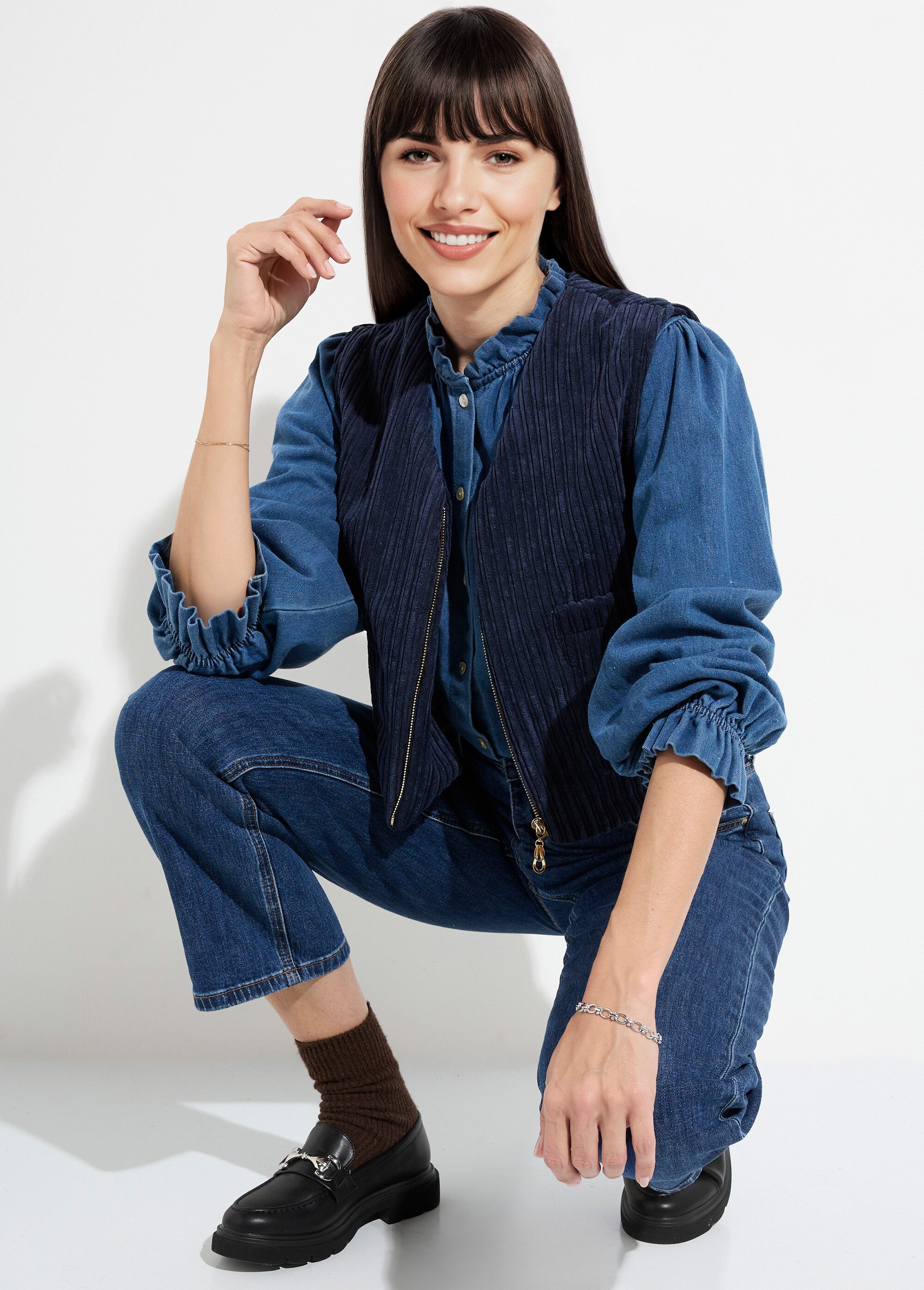 Veste zippée col V sans manches velours