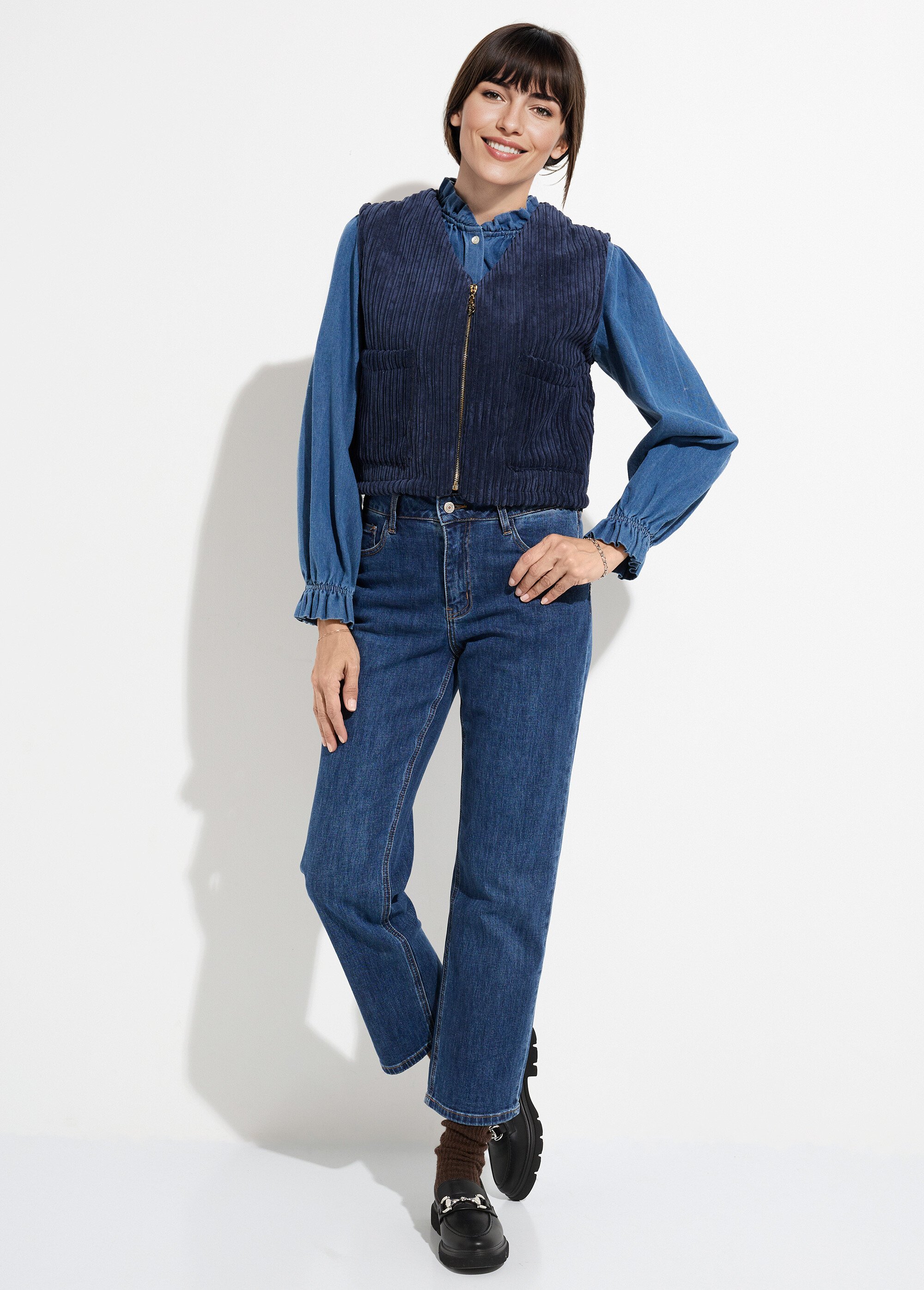 Veste zippée col V sans manches velours Femme Bleu SJ-COTZIP SF1