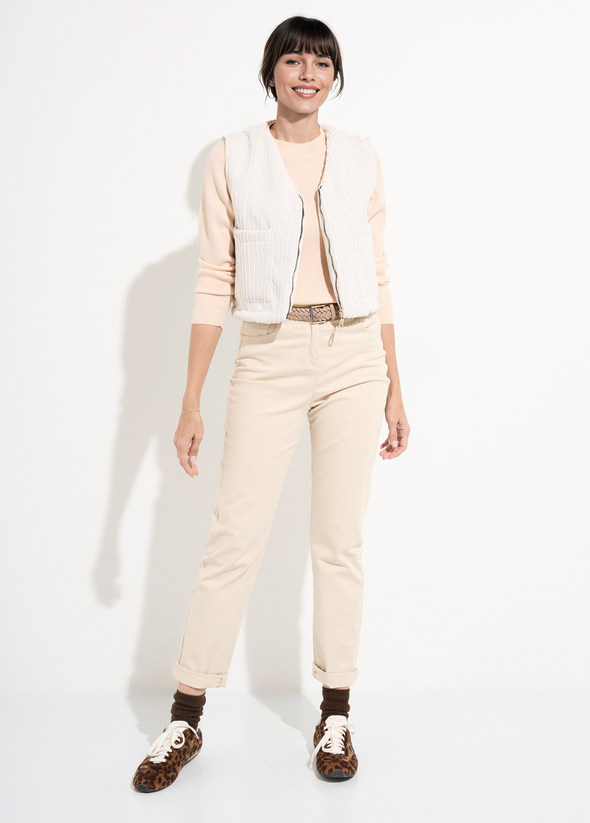 Veste zippée col V sans manches velours Femme Beige SJ-COTZIP SF1