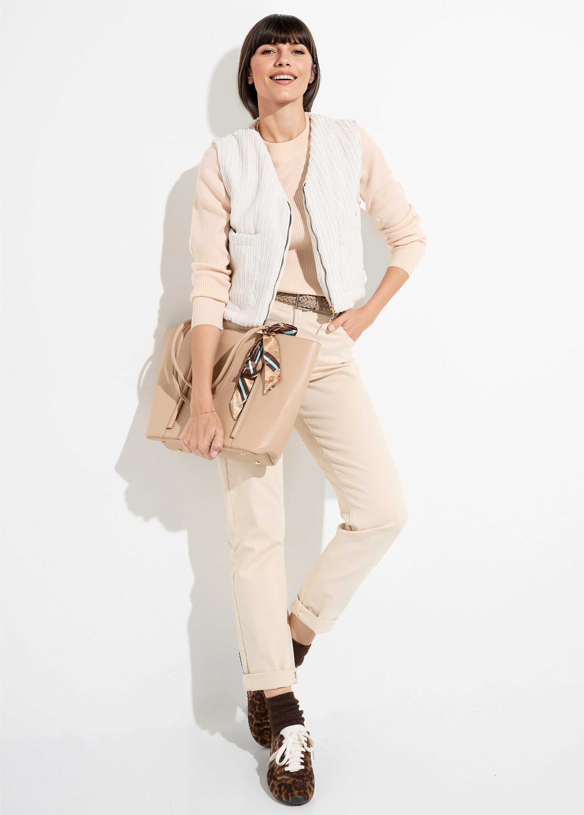 Veste zippée col V sans manches velours Femme Beige SJ-COTZIP SI1