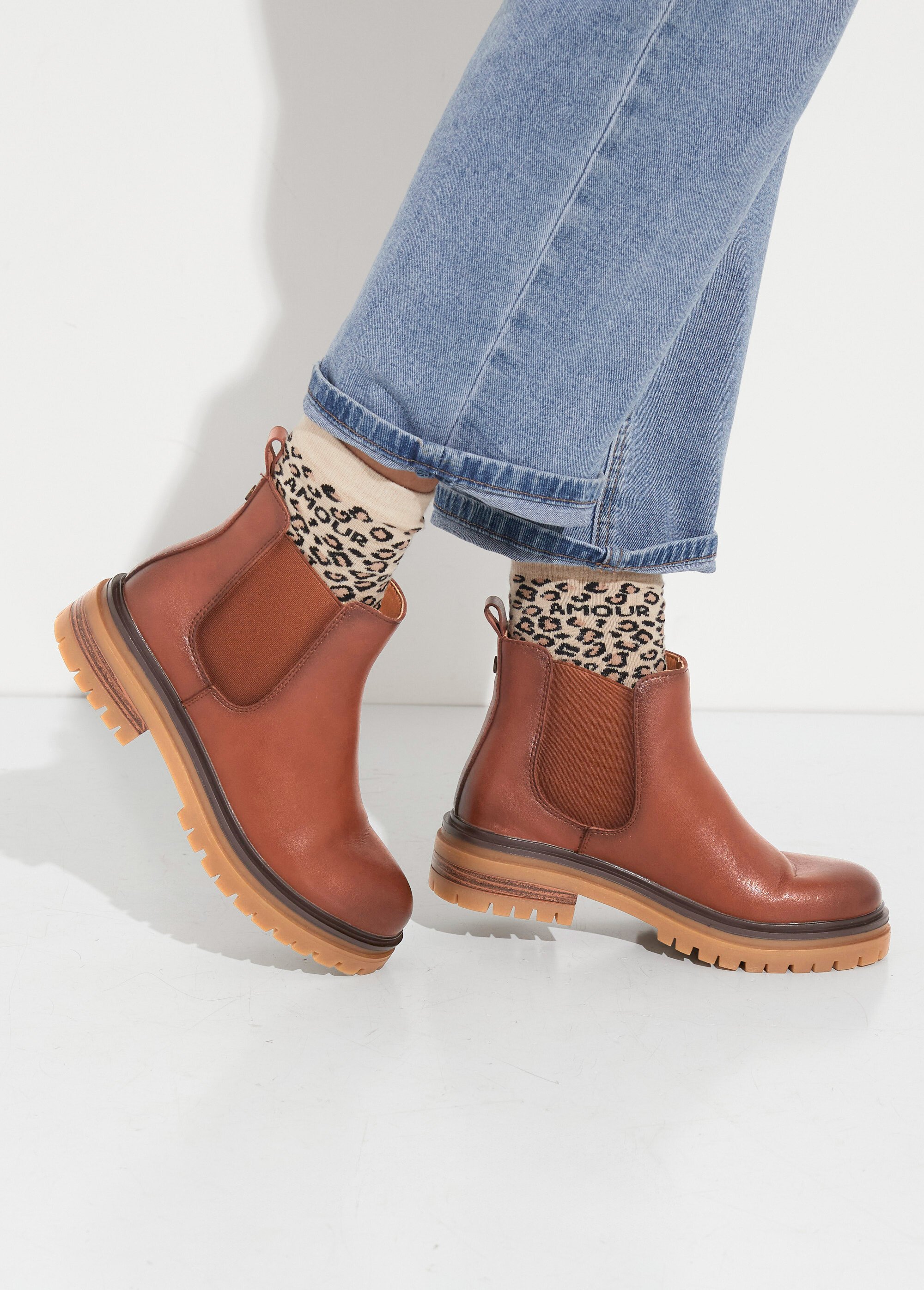 Boots Chelsea cuir avec semelle épaisse Femme Beige JPAL-1309 SF1