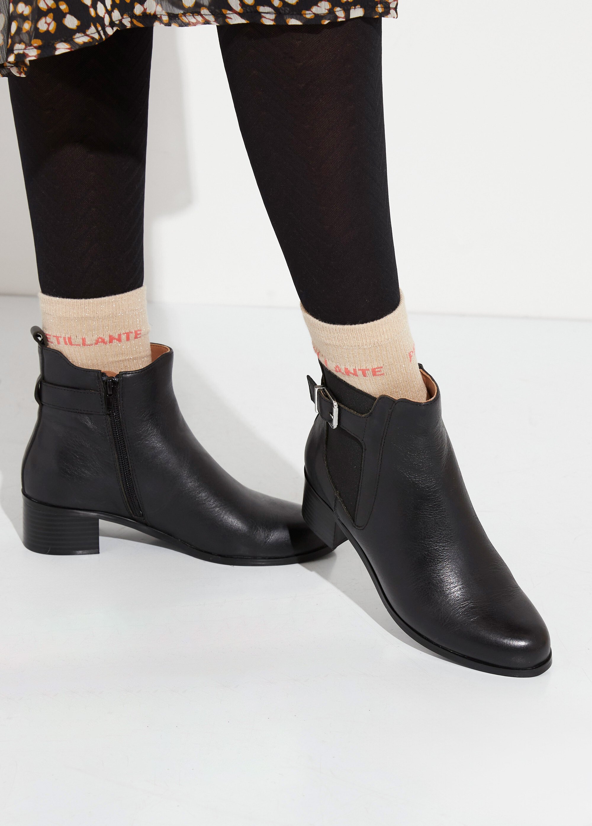 Boots en cuir à talon esprit cavalières Femme Noir JPAL-1143 SF1