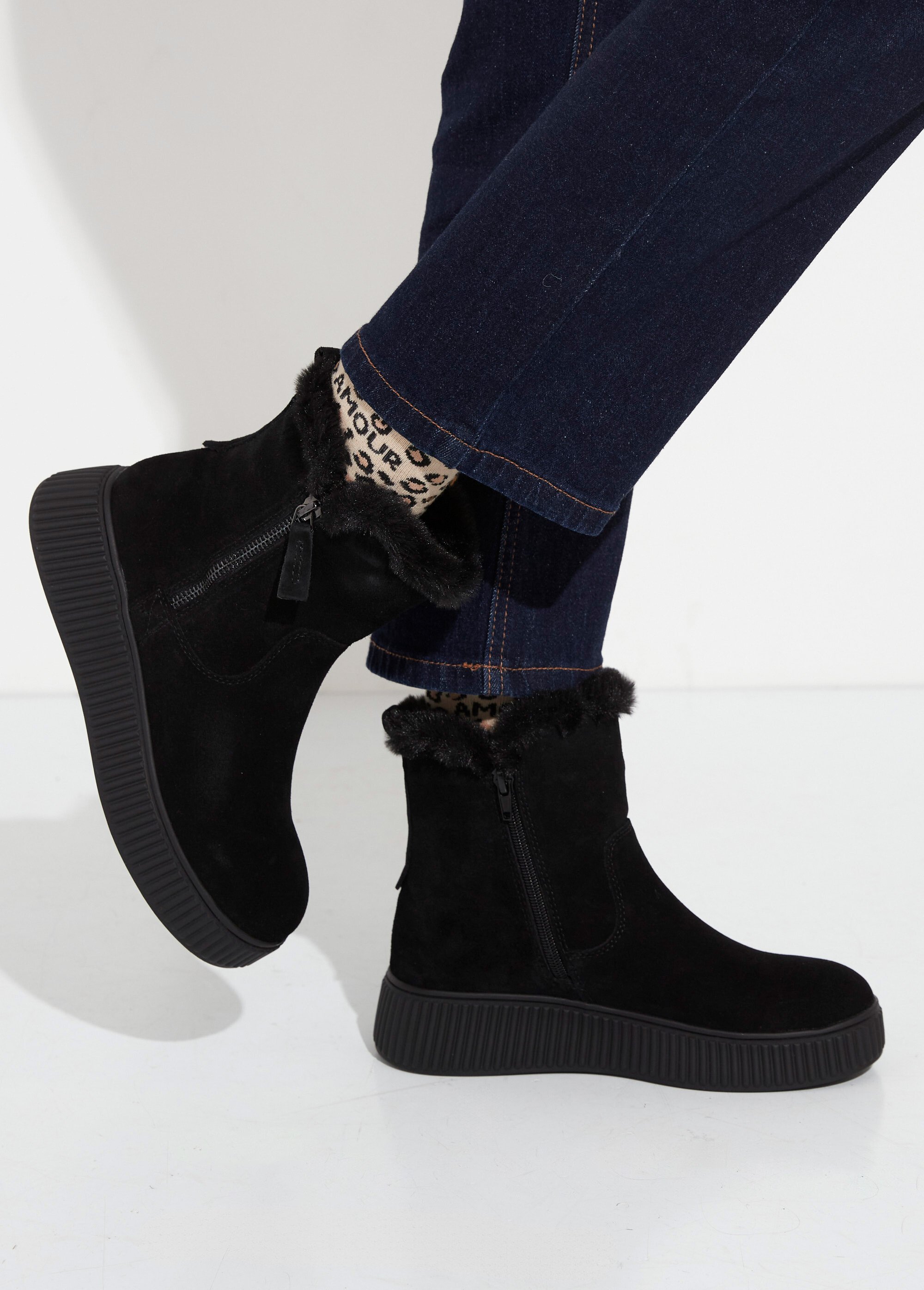 Boots en cuir fourrées, semelle épaisse Femme Noir JPAL-1305 SF1