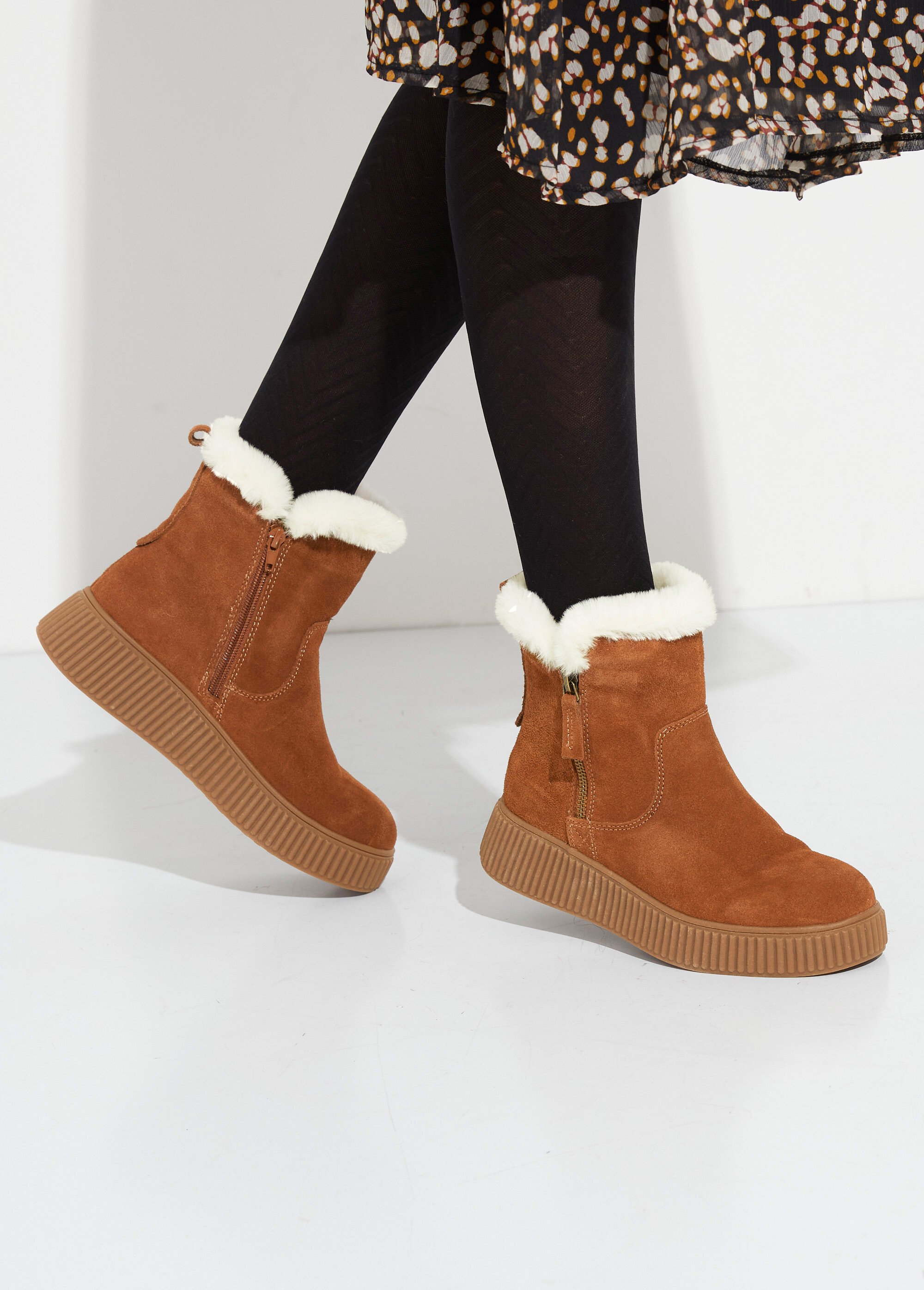 Boots en cuir fourrées, semelle épaisse Femme Beige JPAL-1305 SF1