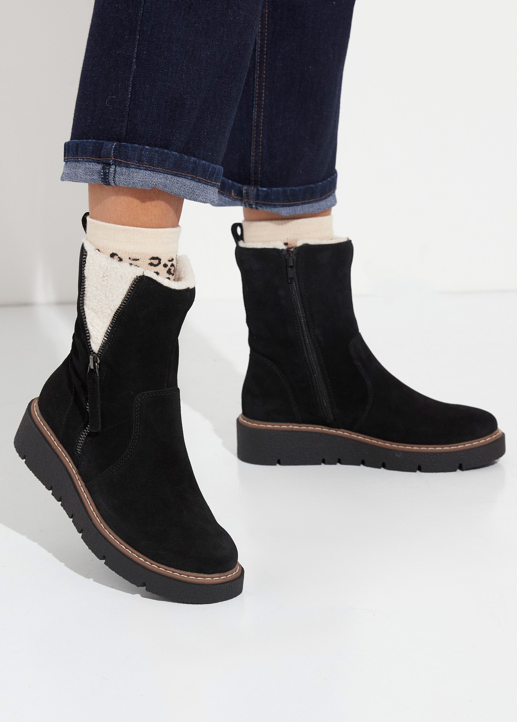 Boots montantes cuir, détails fourrure Femme Noir JPAL-1307 SF1