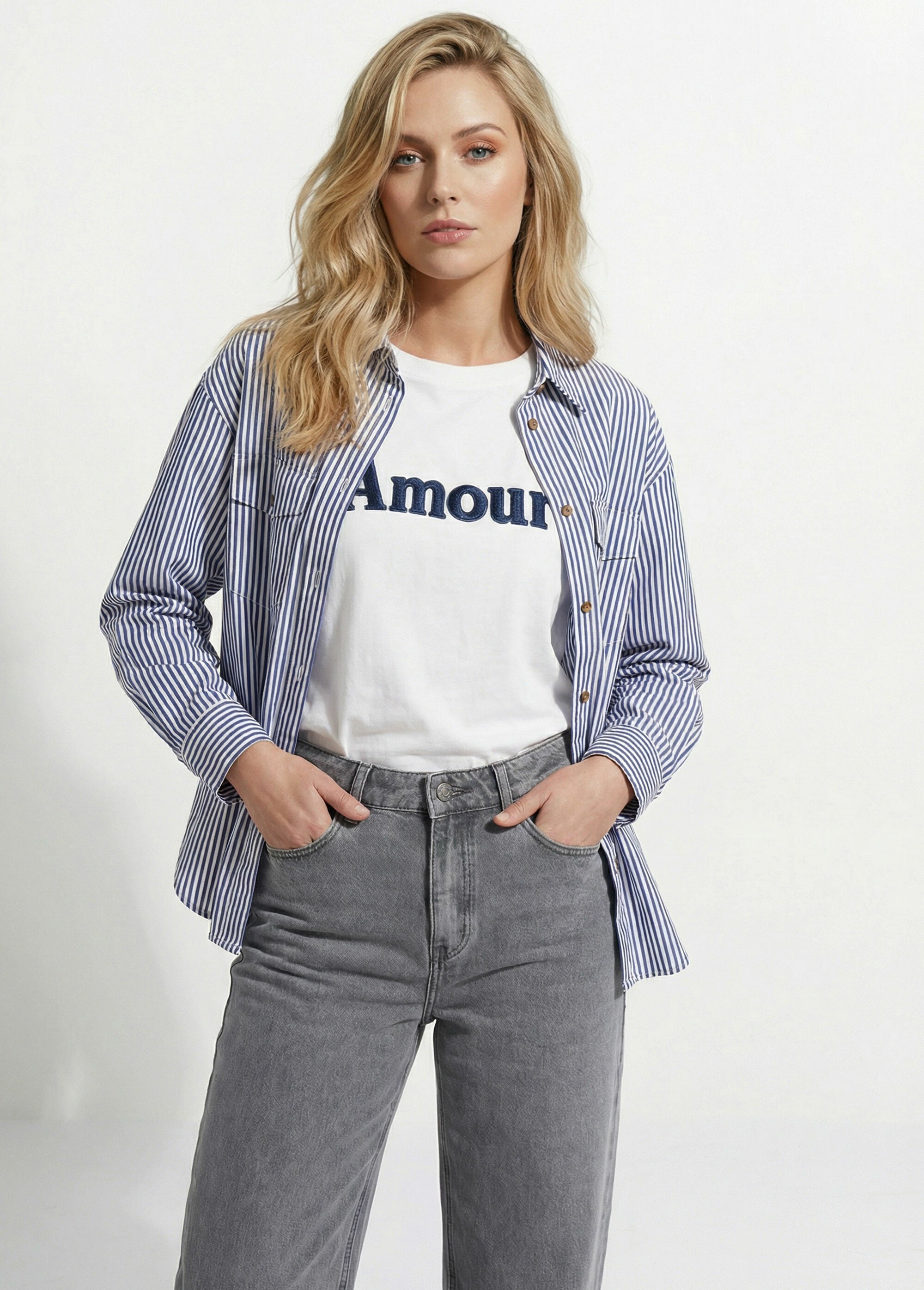 Chemise boutonnée en denim rayé Femme Bleu IA-Q3181 FA1