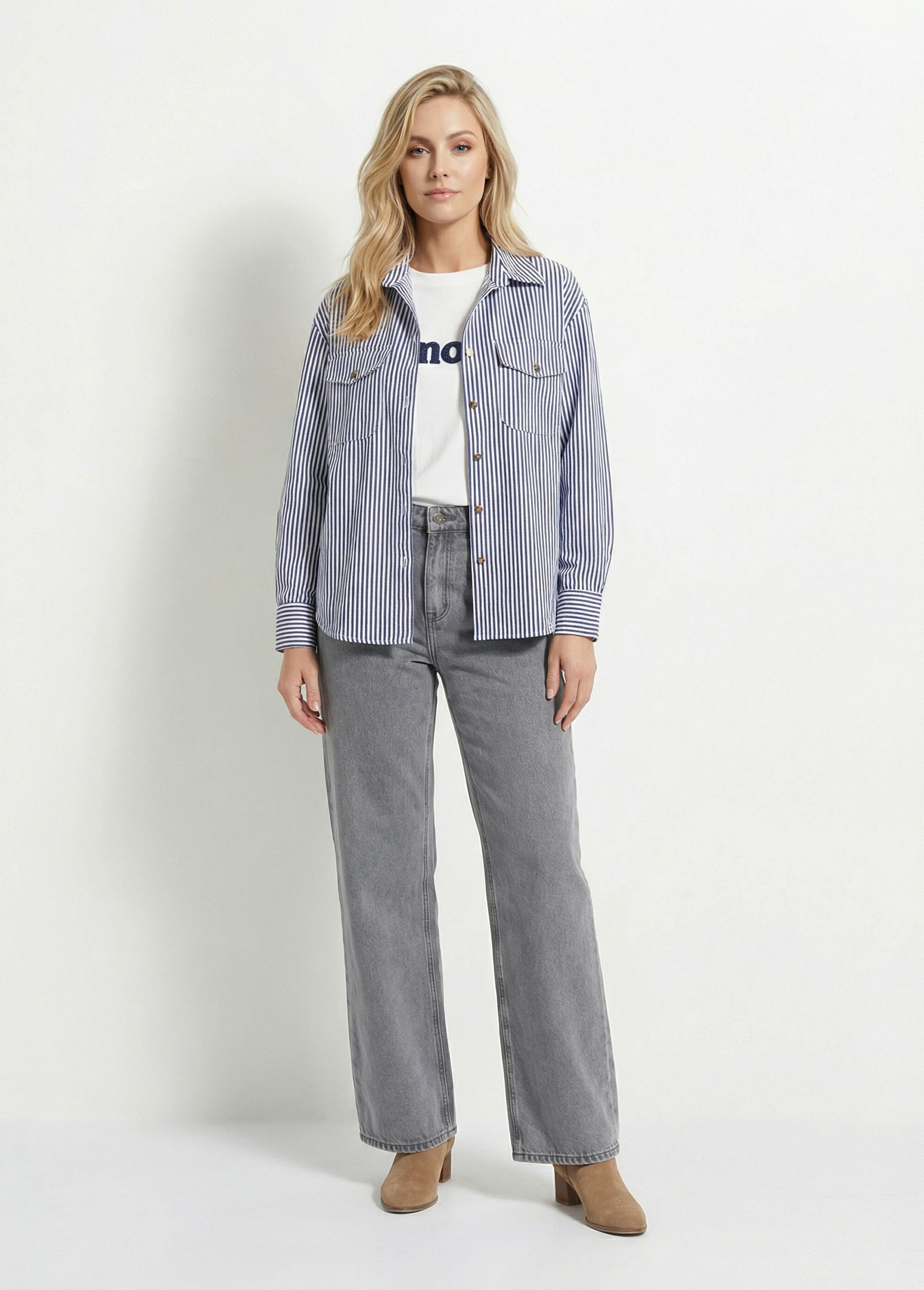 Chemise boutonnée en denim rayé Femme Bleu IA-Q3181 SF1