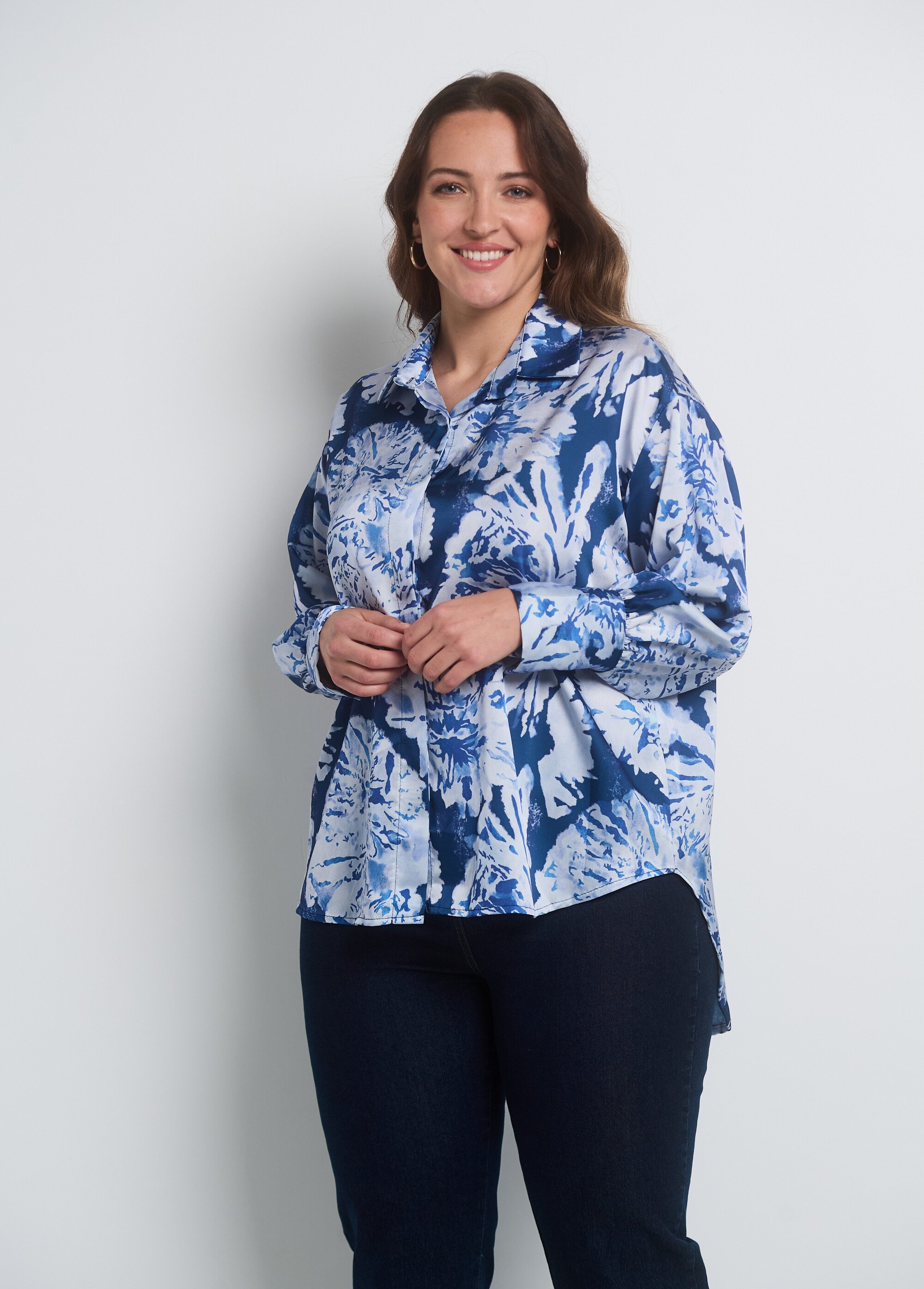 Chemisier satin aquarelle manches longues Femme Grande Taille Bleu JA-CHEIMFLOREV FA2