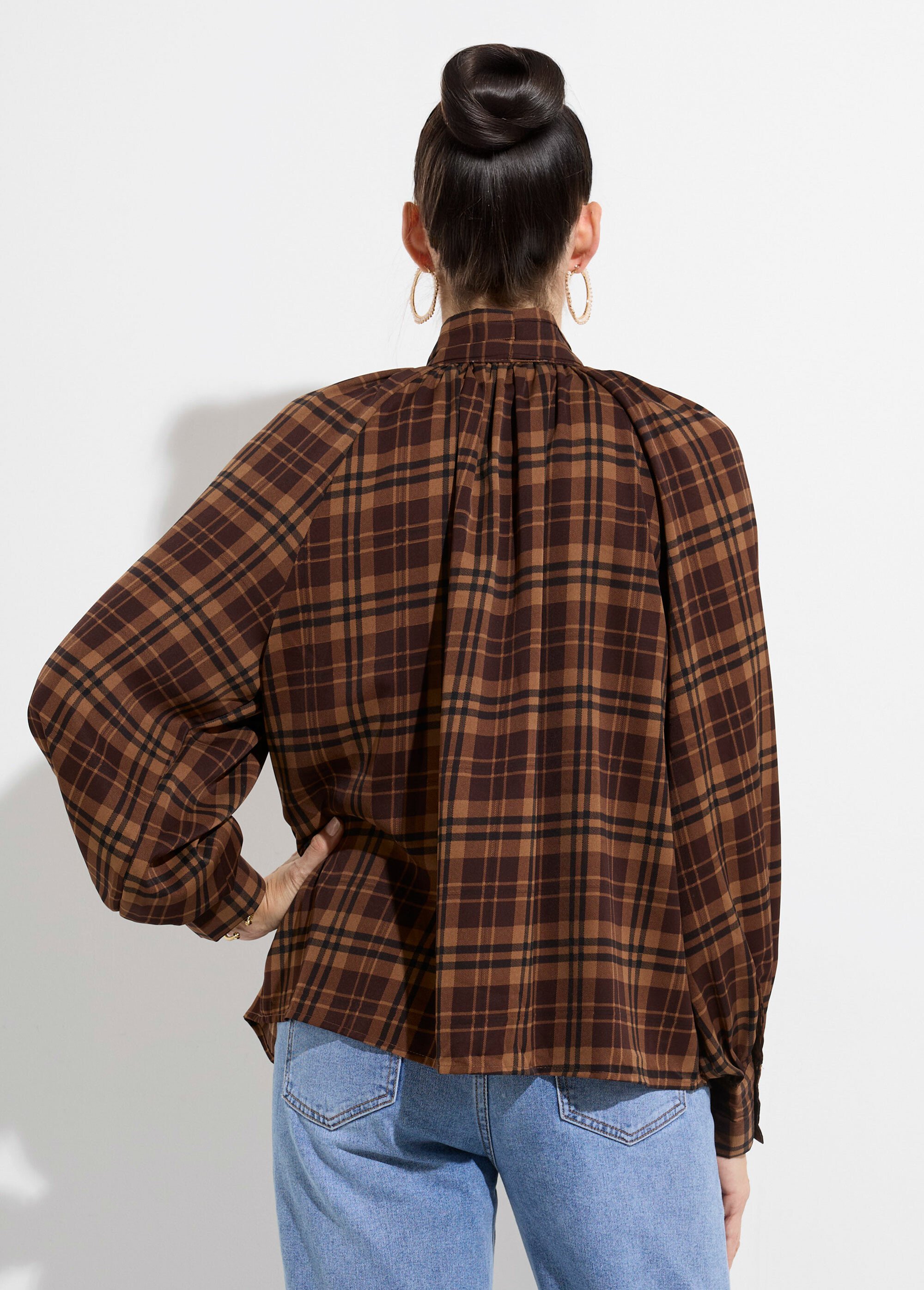 Chemisier voile carreaux avec lavallière Femme Marron JS-CH3582 DO1