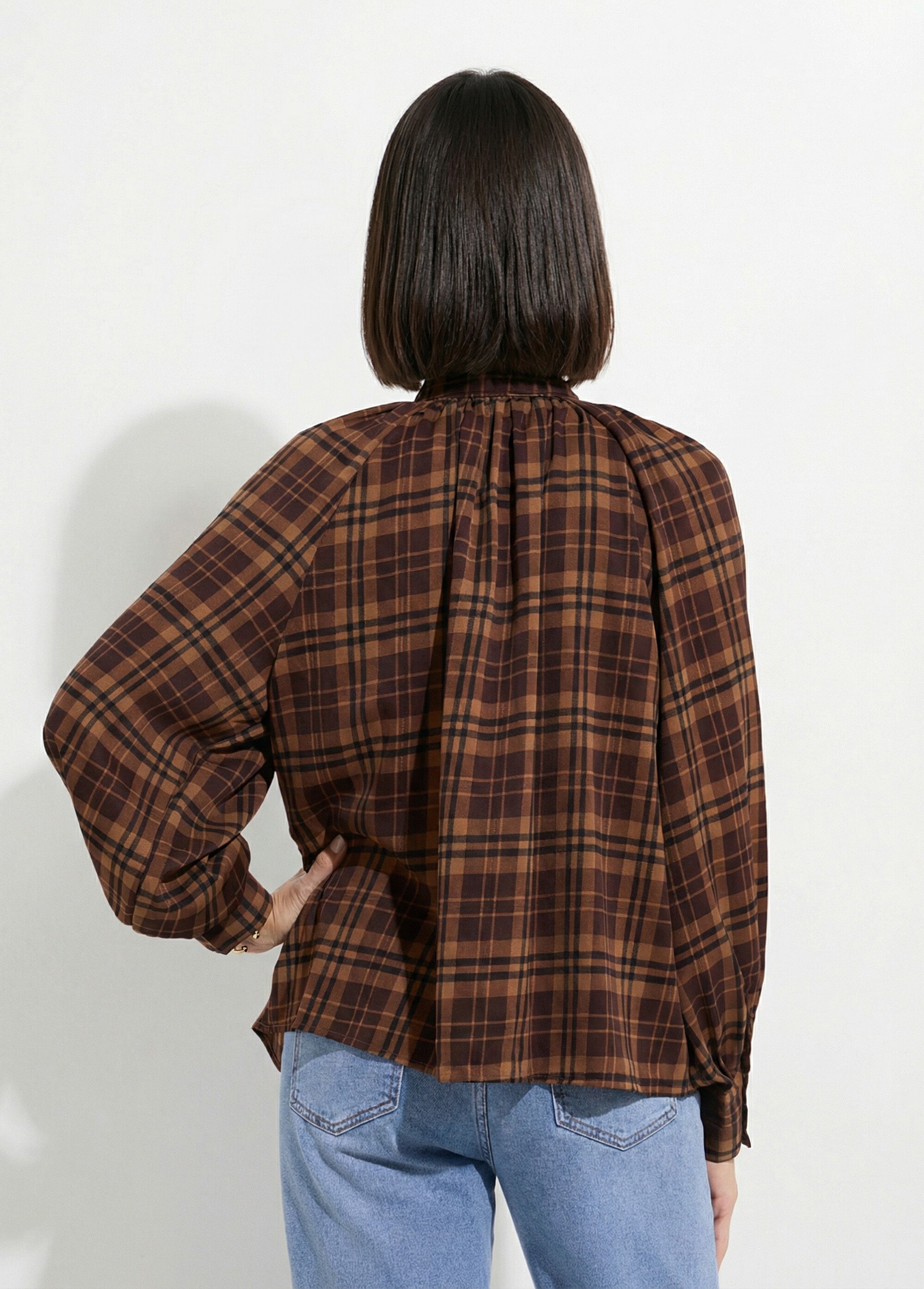 Chemisier voile carreaux avec lavallière Femme Marron JS-CH3582 DO1