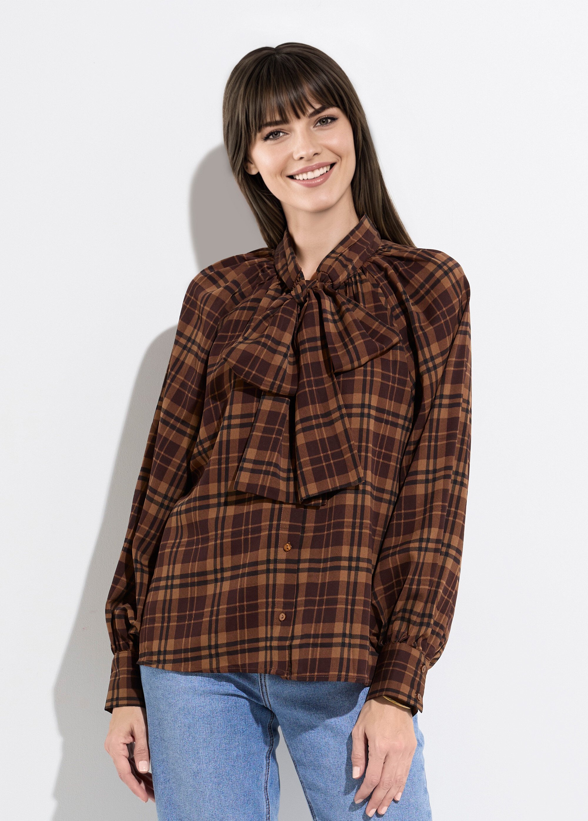 Chemisier voile carreaux avec lavallière Femme Marron JS-CH3582 FA1