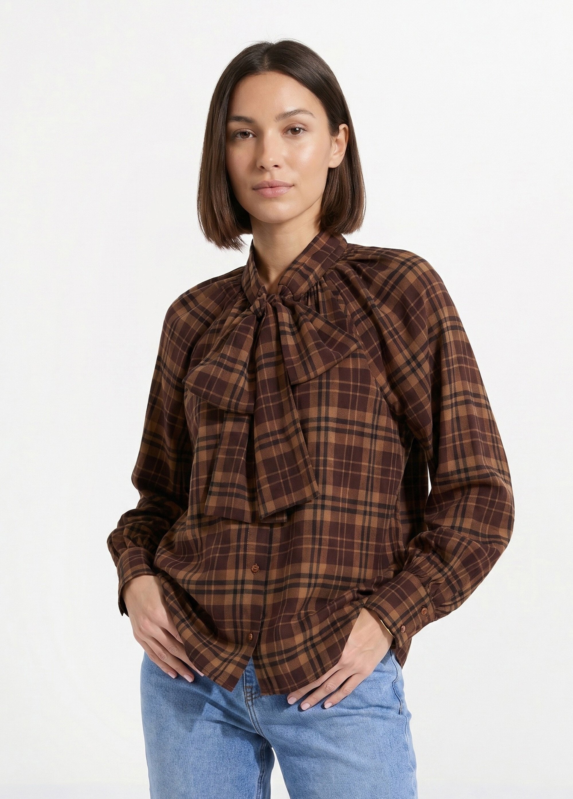 Chemisier voile carreaux avec lavallière Femme Marron JS-CH3582 FA1