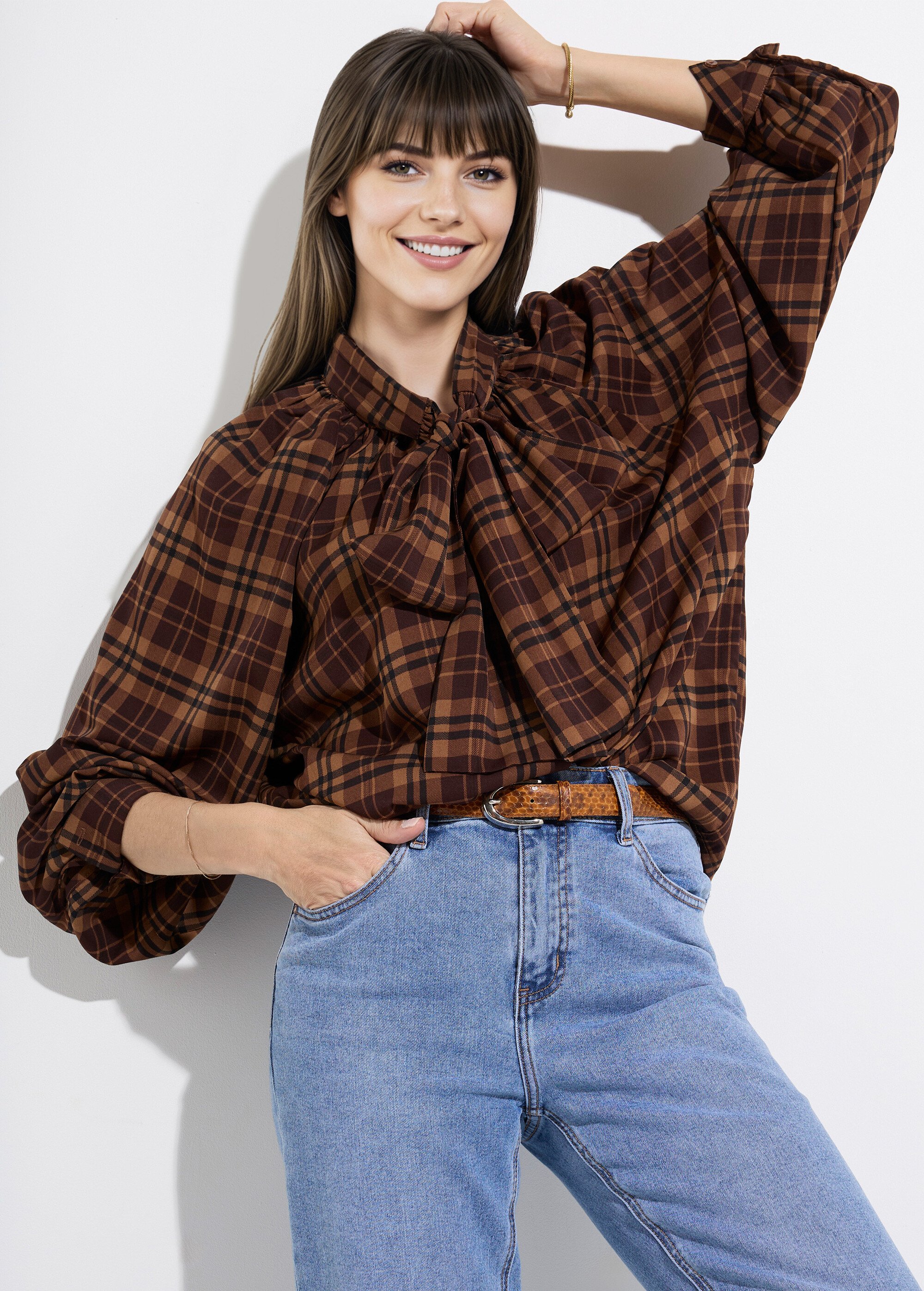 Chemisier voile carreaux avec lavallière Femme Marron JS-CH3582 MV1