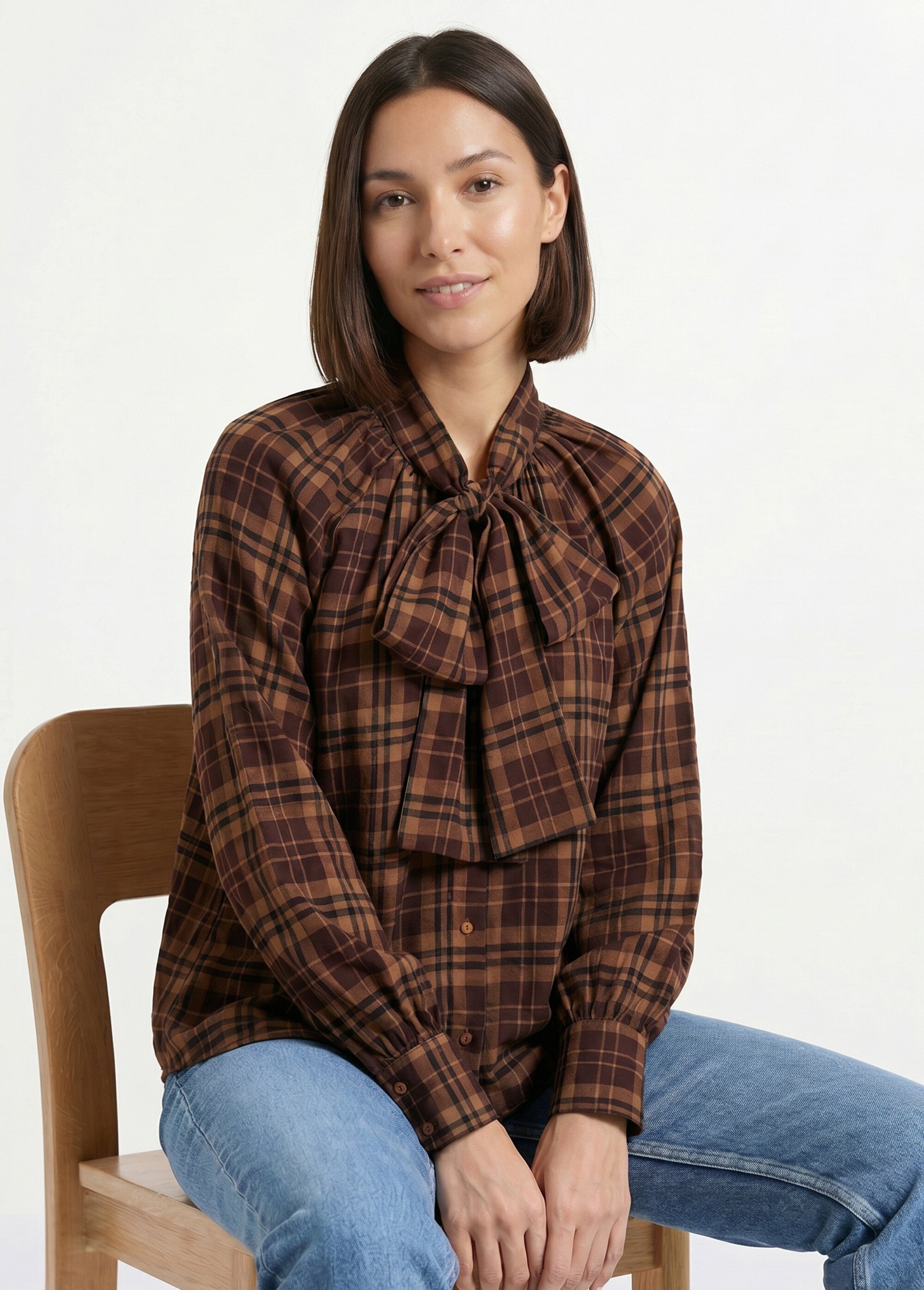 Chemisier voile carreaux avec lavallière Femme Marron JS-CH3582 MV1