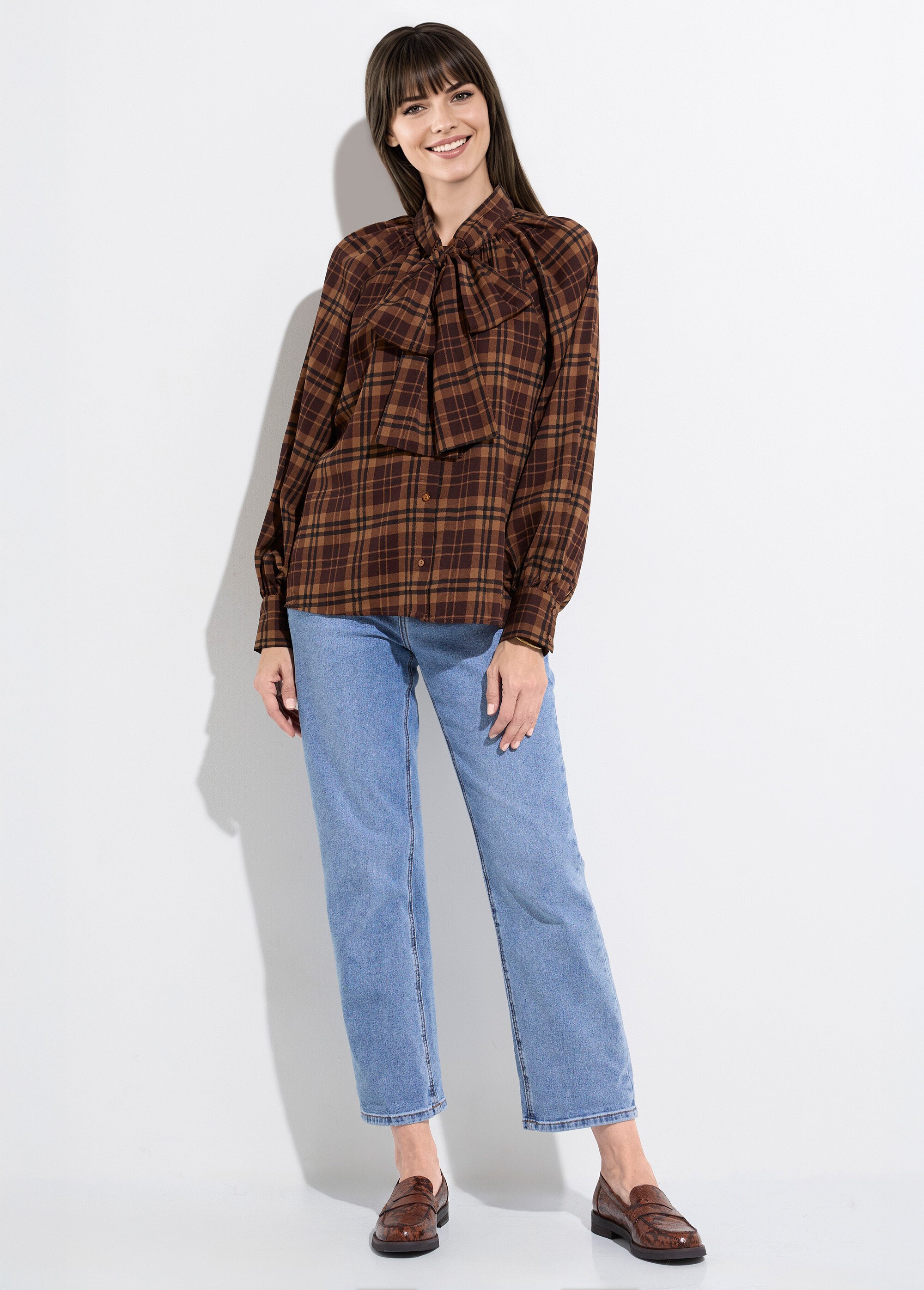 Chemisier voile carreaux avec lavallière Femme Marron JS-CH3582 SF1