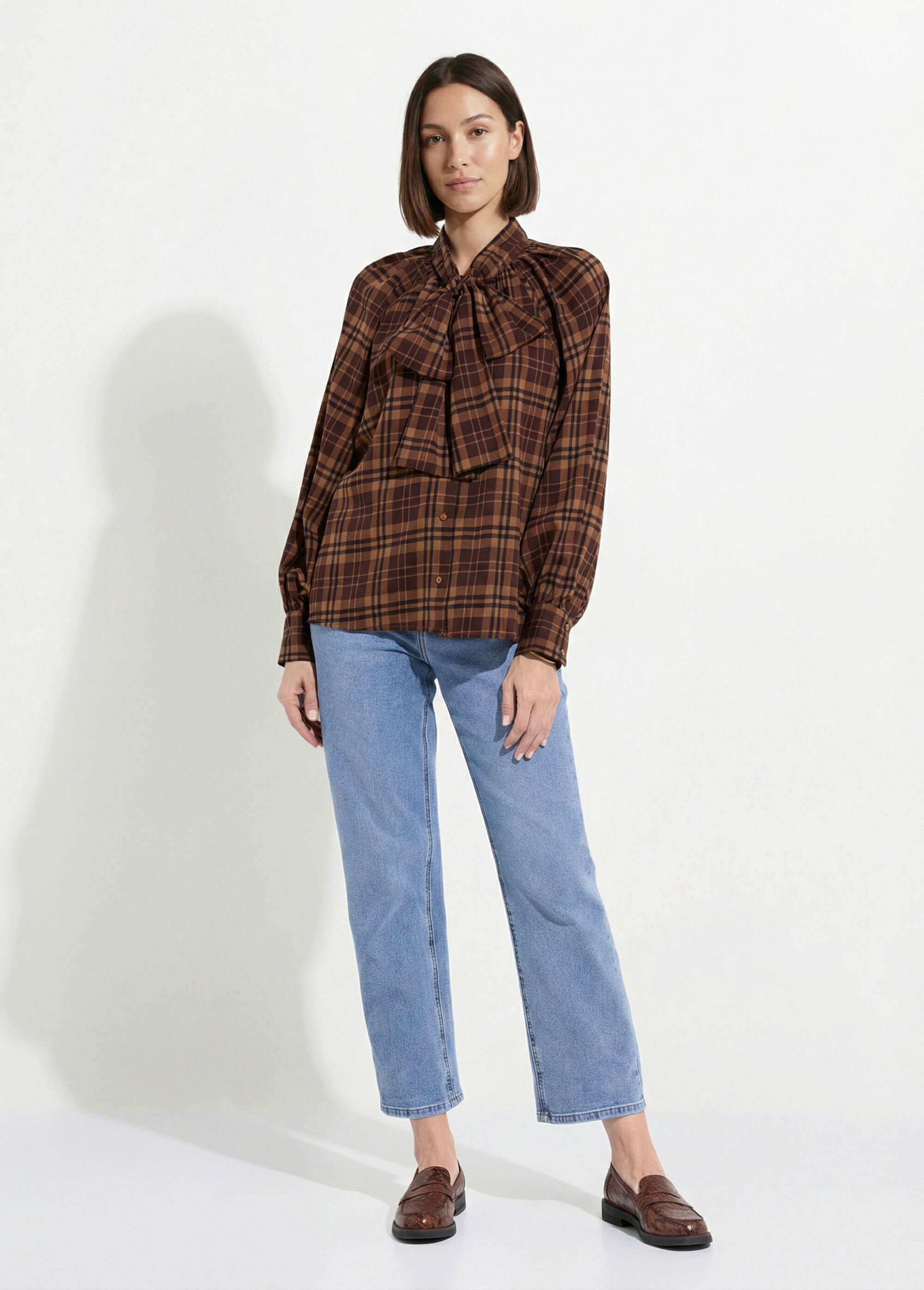 Chemisier voile carreaux avec lavallière Femme Marron JS-CH3582 SI1