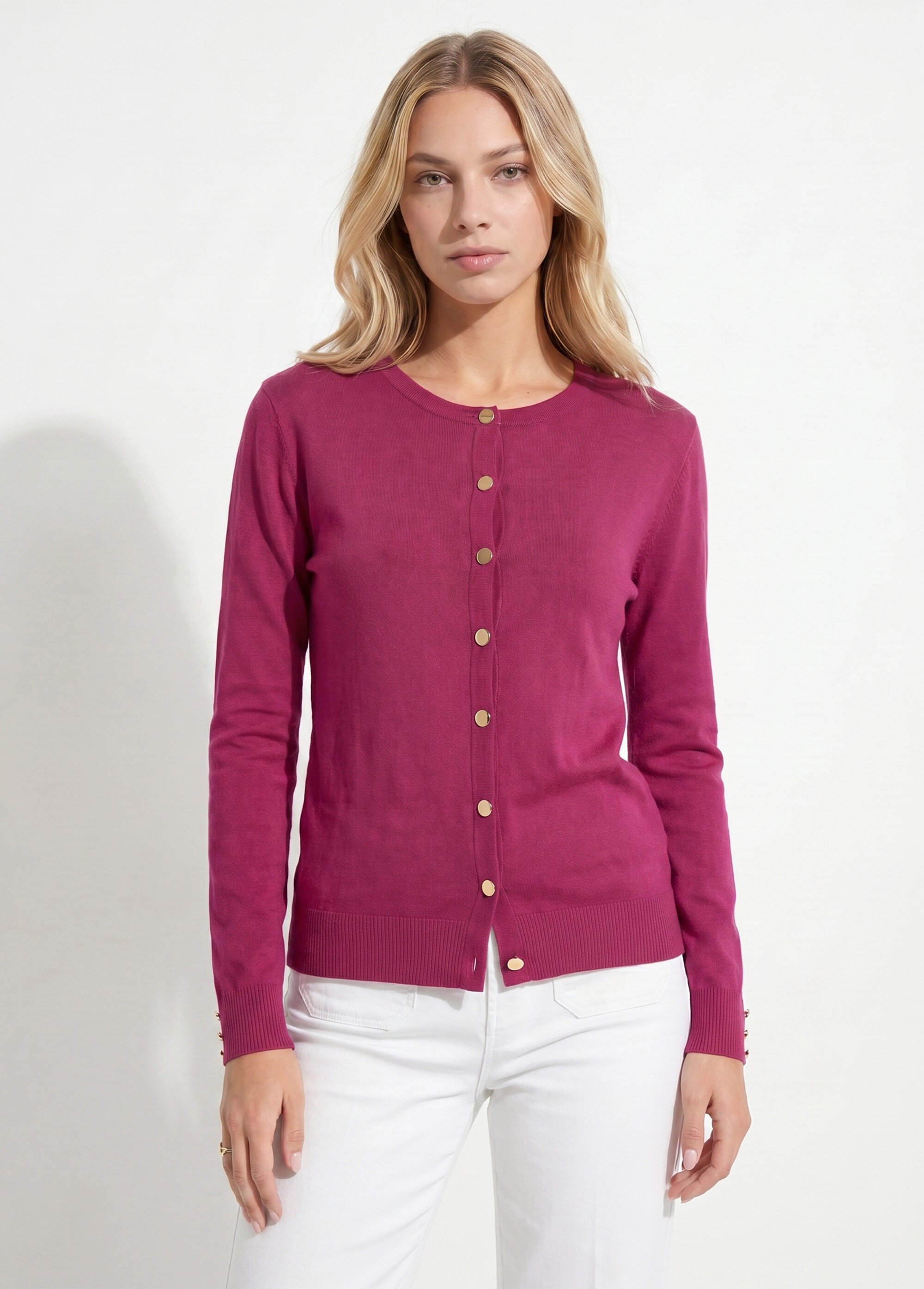 Gilet fin col rond boutonné jersey uni avec laine mérinos Femme Violet PALOMA FA1