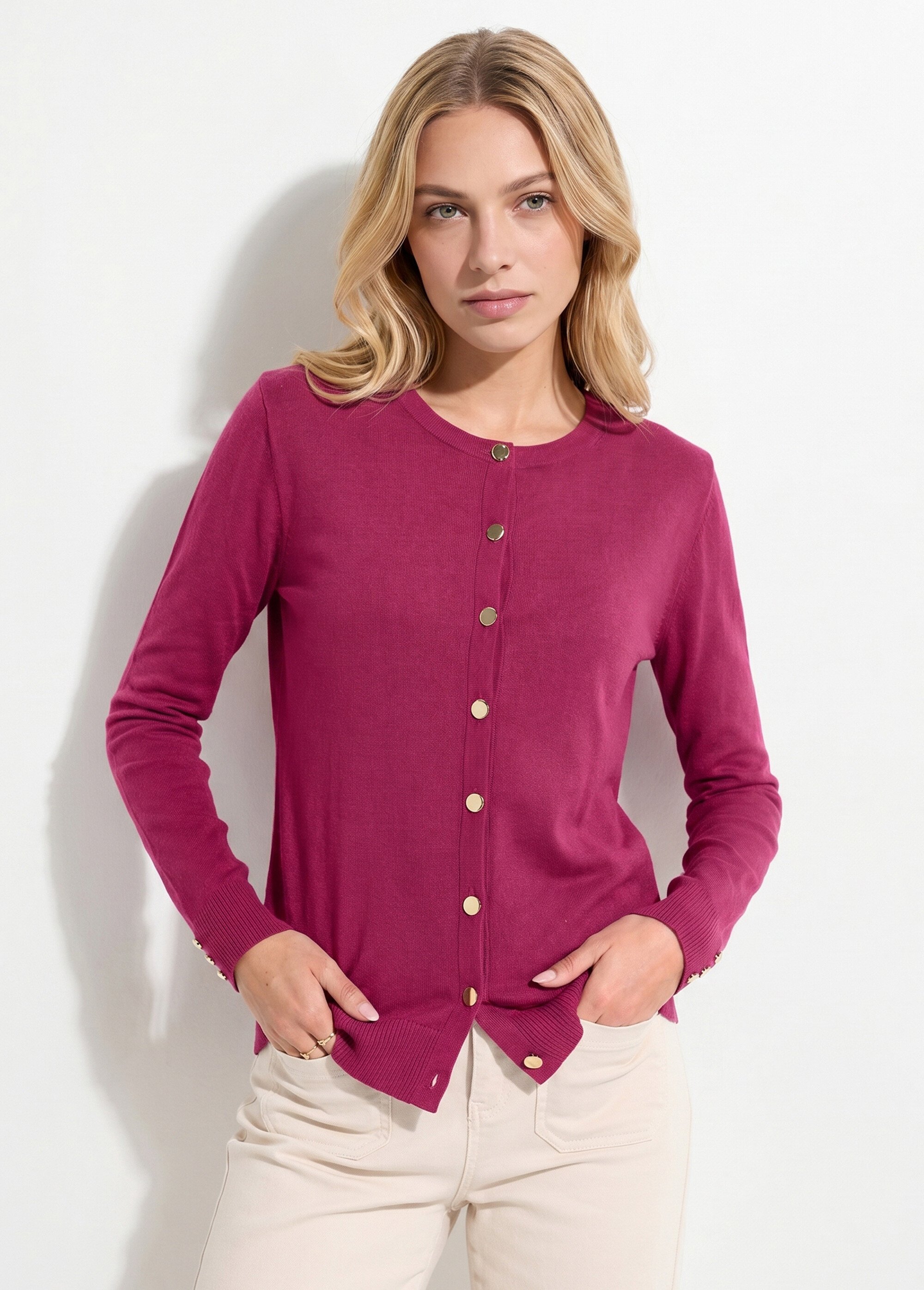 Gilet fin col rond boutonné jersey uni avec laine mérinos Femme Violet PALOMA MV2